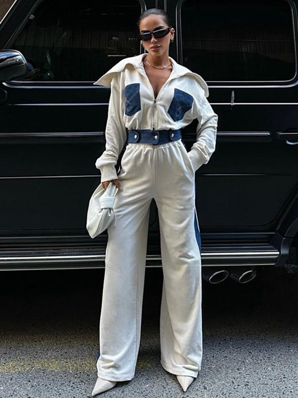 ZASUWA Women's Sexy Denim Contrast Color Pocket Casual Tracksuit Set - Stylish Jogger Pants & Hoodie Outfit for Gym, Lounge & Streetwear Fashion