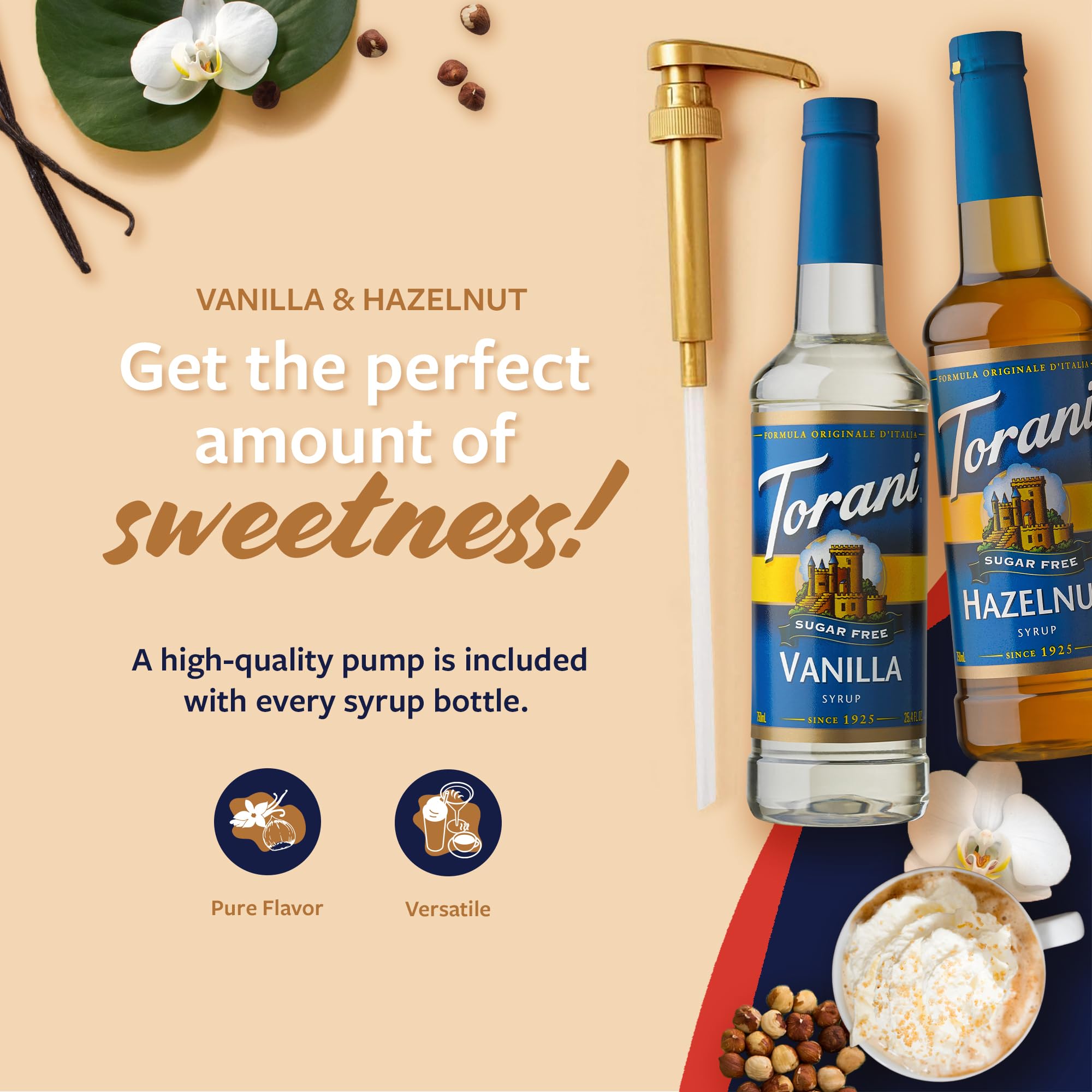 Torani Sugar Free Hazelnut & Vanilla Syrup 2-Pack (25.4 Fl Oz Each) - Low Calorie Coffee Flavoring for Lattes, Iced Coffee & Cocktails - Includes Pump Dispensers for Easy Pouring