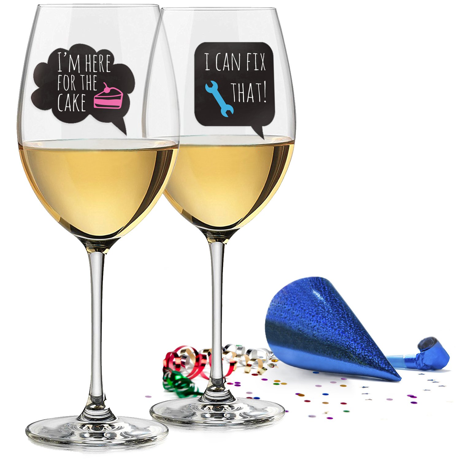 Funny Glass Drink Markers - 18 Reusable Static Cling Stickers for Wine Glasses - Perfect for Wine Tasting Parties, Wedding Favors & Gifts - Great for Home Entertaining & Office Events