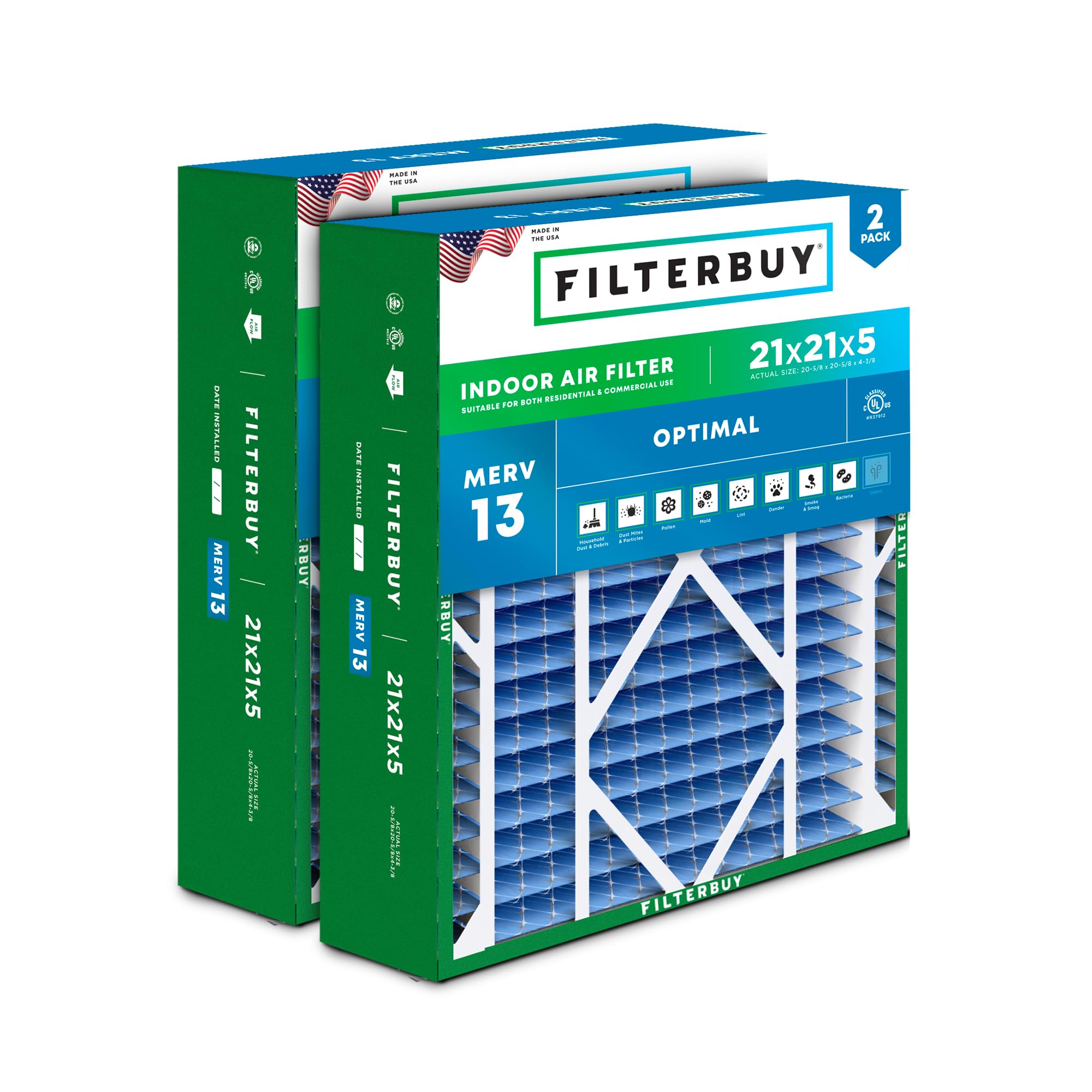 Filterbuy 21x21x5 MERV 13 Pleated Air Filter (2-Pack) - High Efficiency HVAC Furnace AC Replacement for Rheem, Ruud, Protech - Actual Size 20.63x20.63x4.38 Inches - Perfect for Allergy Relief & Home Air Purification
