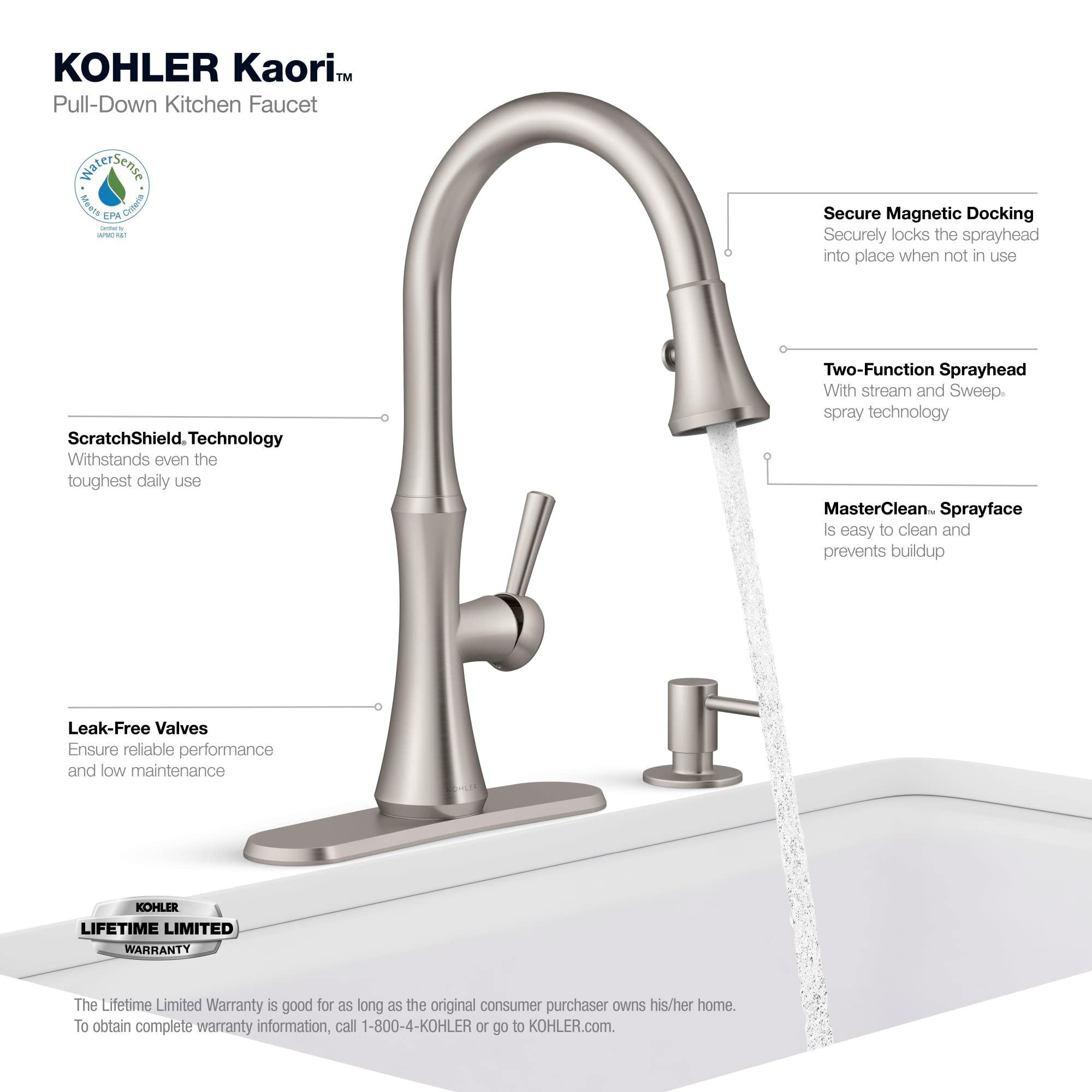 Kohler R28706-SD-VS Kaori Single Handle Pull Down Sprayer Kitchen Faucet with Soap Dispenser in Vibrant Stainless - Perfect for Modern Kitchens & Easy Dishwashing