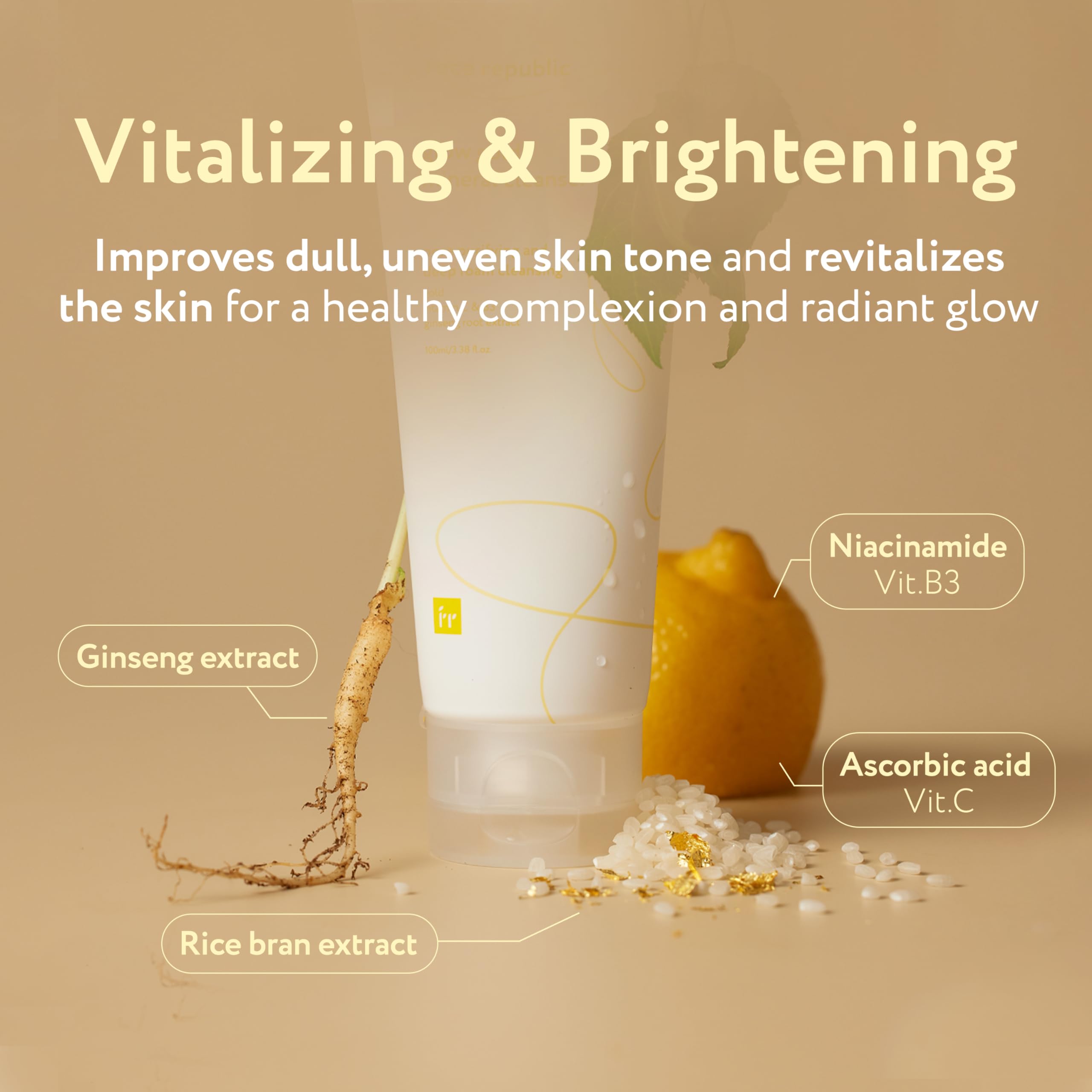 Face Republic Glow Gold Mineral Cleanser 100ml (3.38 fl oz) - Deep Pore Purifying Foam with Gold, Rice Bran & Ginseng - Brightening Korean Skincare for Dull Skin - Vegan, Niacinamide & Vitamin Enriched - Perfect for Morning & Night Cleansing Routine