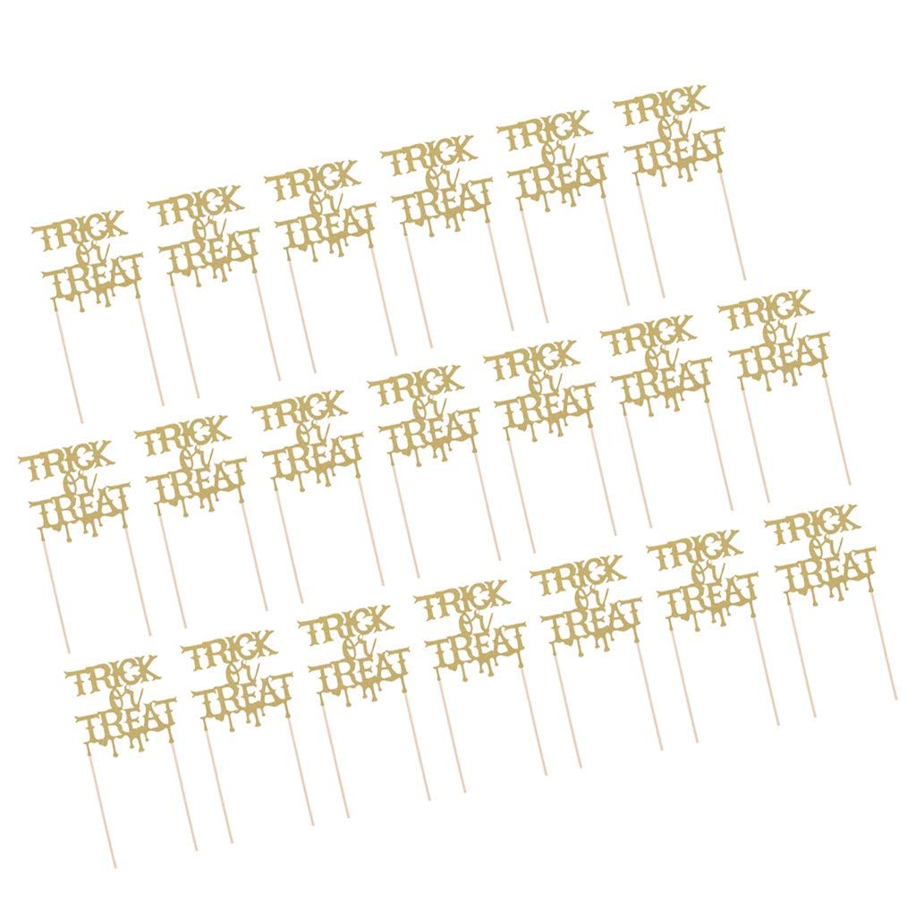20pcs Halloween Cake Toppers - Gold TRICK or TREAT Cupcake Decorations for Halloween Party, Birthday, Baby Shower | Spooky Table Decor, Dessert Toppers for Cakes, Cookies & Cupcakes