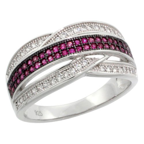 Sterling Silver Cubic Zirconia Criss Cross Bar Ring with Micro Pave White & Pink Stones | Size 6-9 | Elegant Wedding Band, Anniversary Gift, Everyday Jewelry for Women