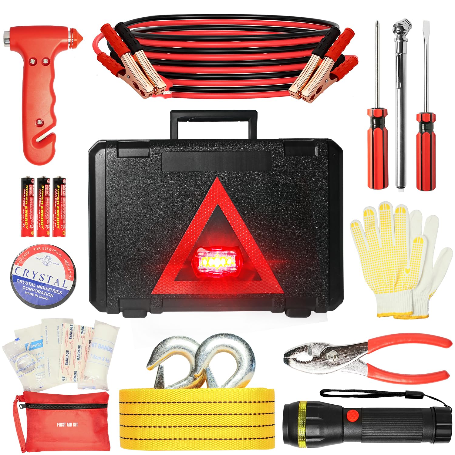 Premium Car Emergency Kit - Roadside Assistance Essentials with Warning Light, Reflective Triangle, Jumper Cables, Tow Strap, Flashlight & First Aid Kit | Complete Vehicle Safety Tools for Road Trips, Commuting & Winter Driving Preparedness