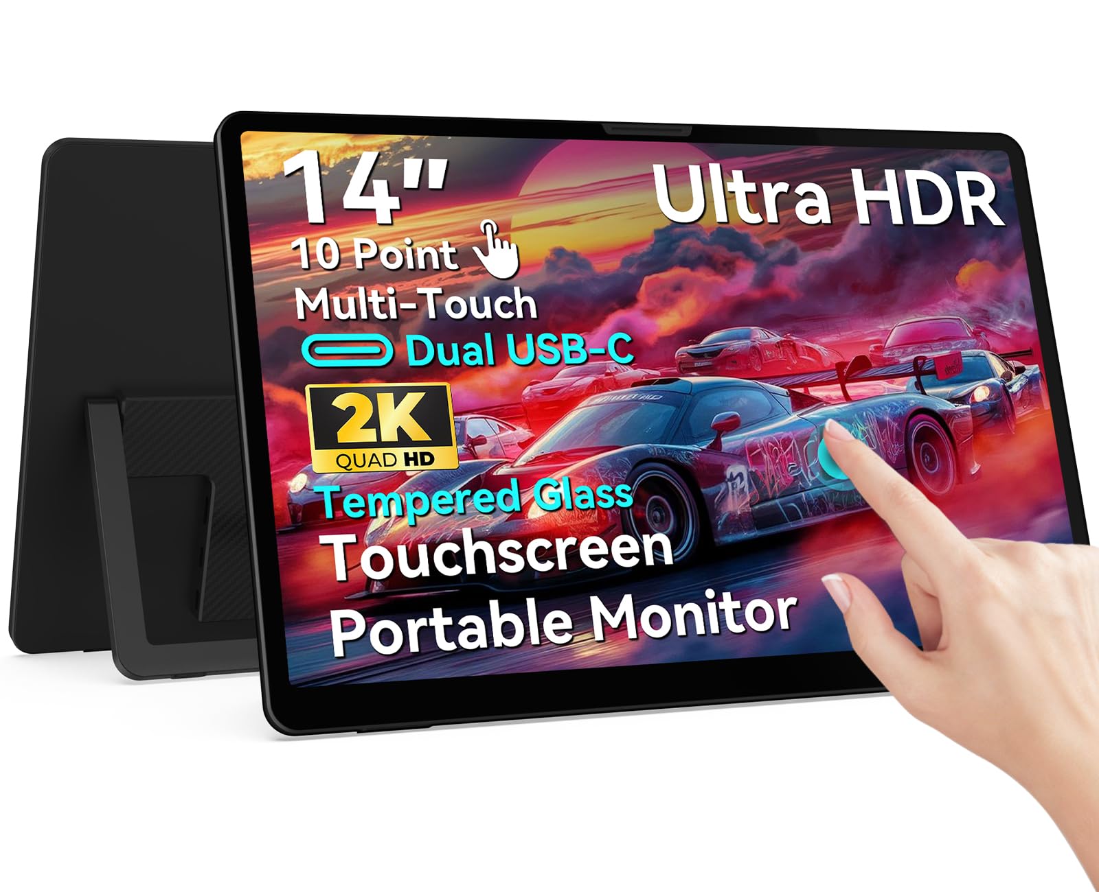 14 Inch Portable Touchscreen Monitor - 2K QHD IPS Display with Tempered Glass, Adjustable Kickstand & Protective Sleeve - HDMI/USB-C External Second Screen for Laptop, PC, Phone, Xbox, Switch, PS4/PS5 - Perfect for Work, Gaming & Travel