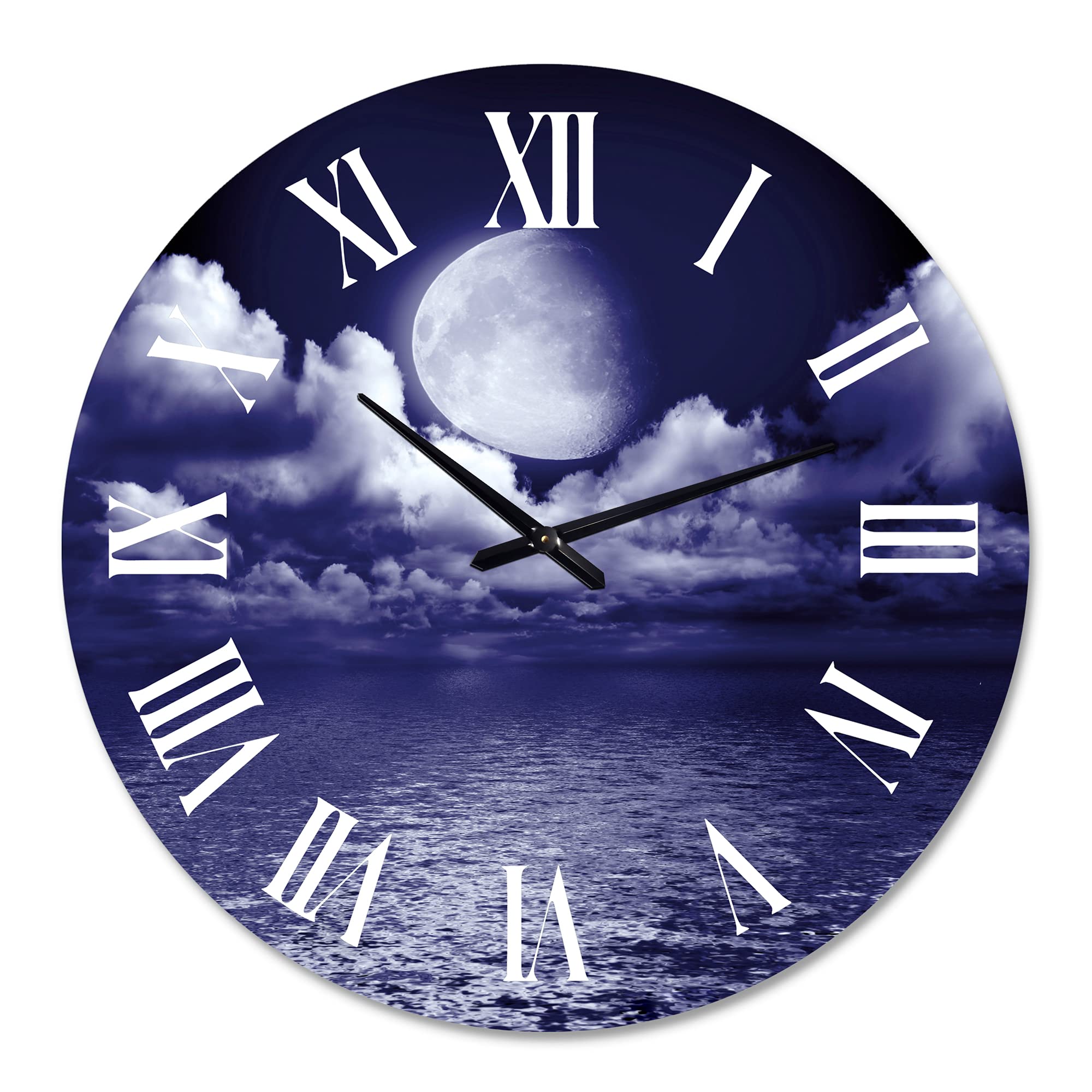 DesignQ Nautical Coastal Wall Clock - Full Moon in Cloudy Night Sky V - Blue Round Clock for Home & Office Decor | Perfect for Living Room, Bedroom, Beach House