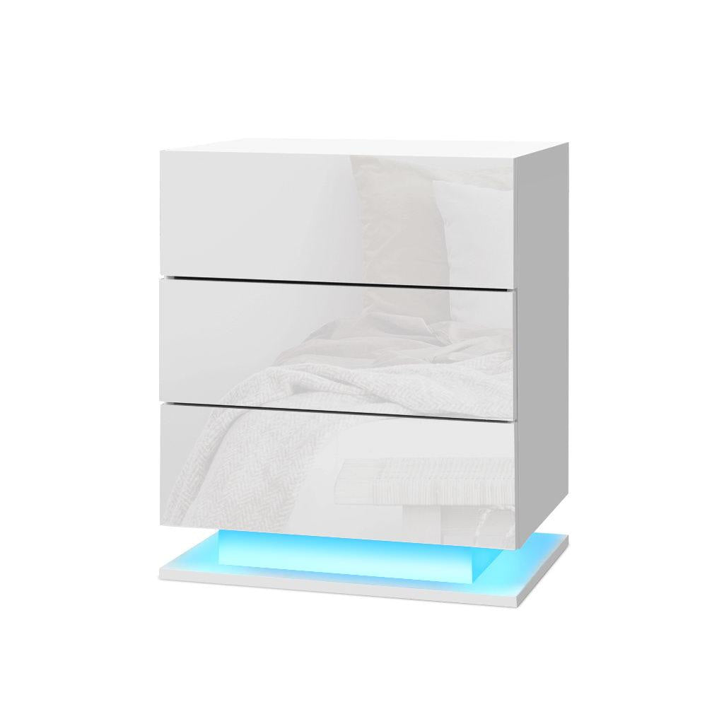 Modern RGB LED Nightstand with 3 Drawers - Glossy White Bedside Table with Adjustable Lighting | Perfect for Bedrooms, Dorms & Gaming Setups