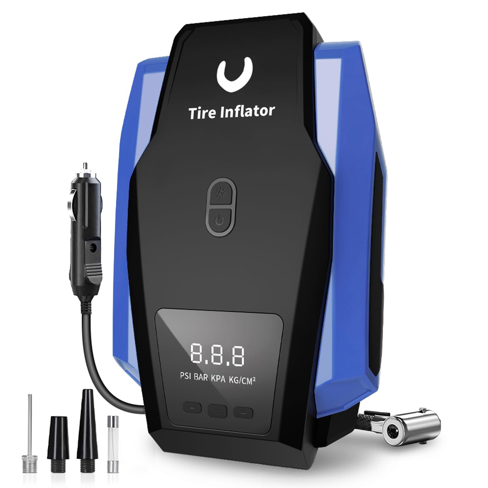 Portable Tire Inflator Air Compressor - 12V DC Car Air Pump with Auto Shutoff & LED Light for Cars, Bikes, Motorcycles - Emergency Roadside Assistance & Home Garage Use (Blue, Large)