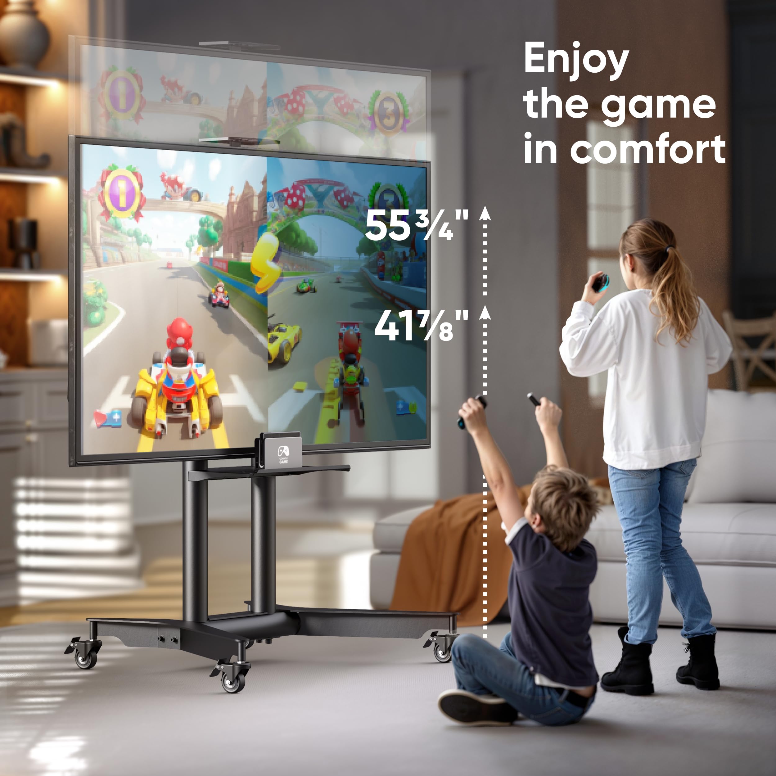 ONKRON Adjustable Height Mobile TV Stand on Wheels for 32-75 Inch TVs up to 132 lbs, Rolling TV Cart with Shelf - Portable TV Moving Stand for Living Room, Bedroom, Office (Black, Max VESA 600x400)