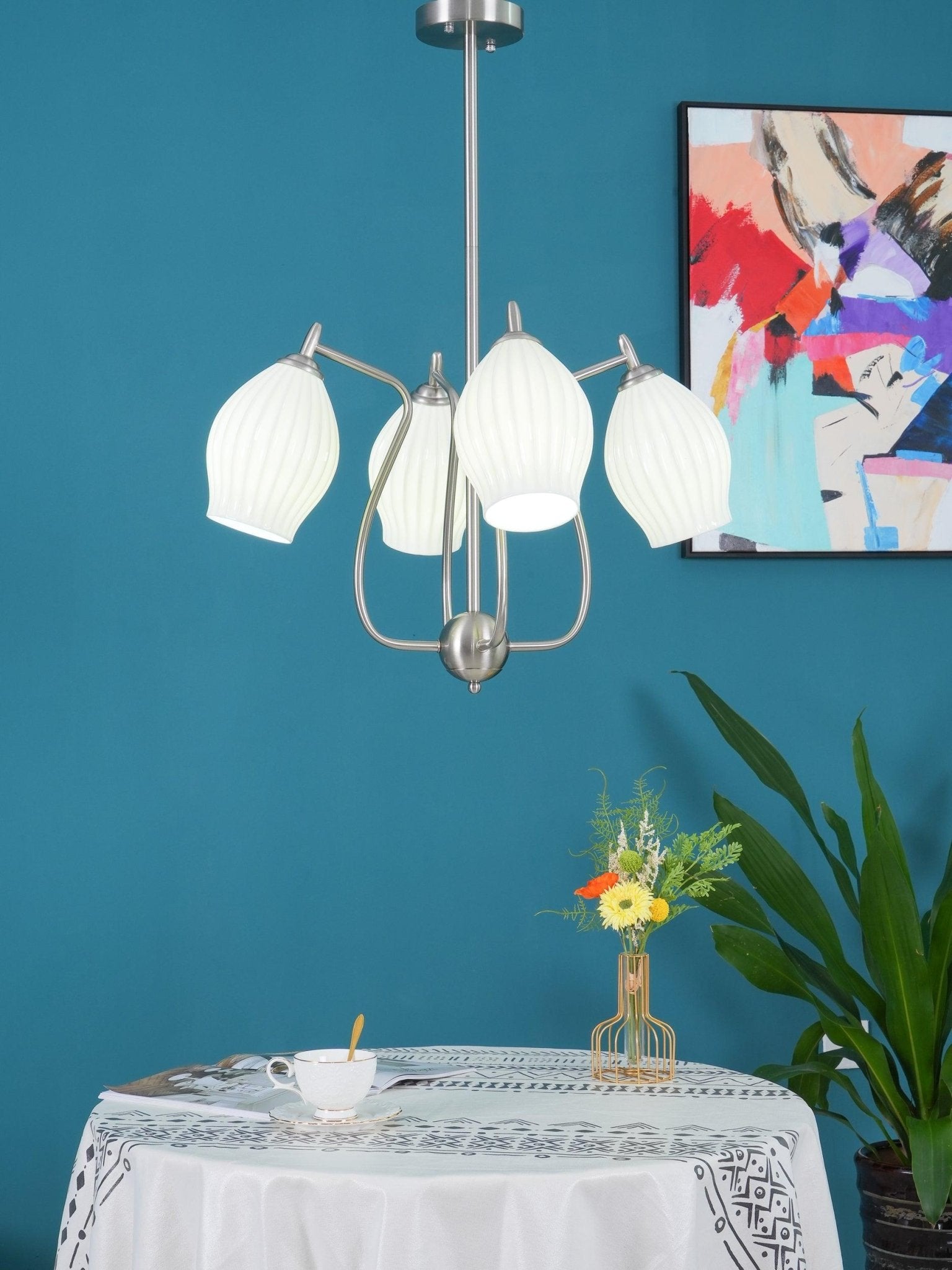 Elegant Ceramic Ribbed Chandelier - Modern Handcrafted Pendant Light Fixture for Dining Room, Living Room & Bedroom Decor