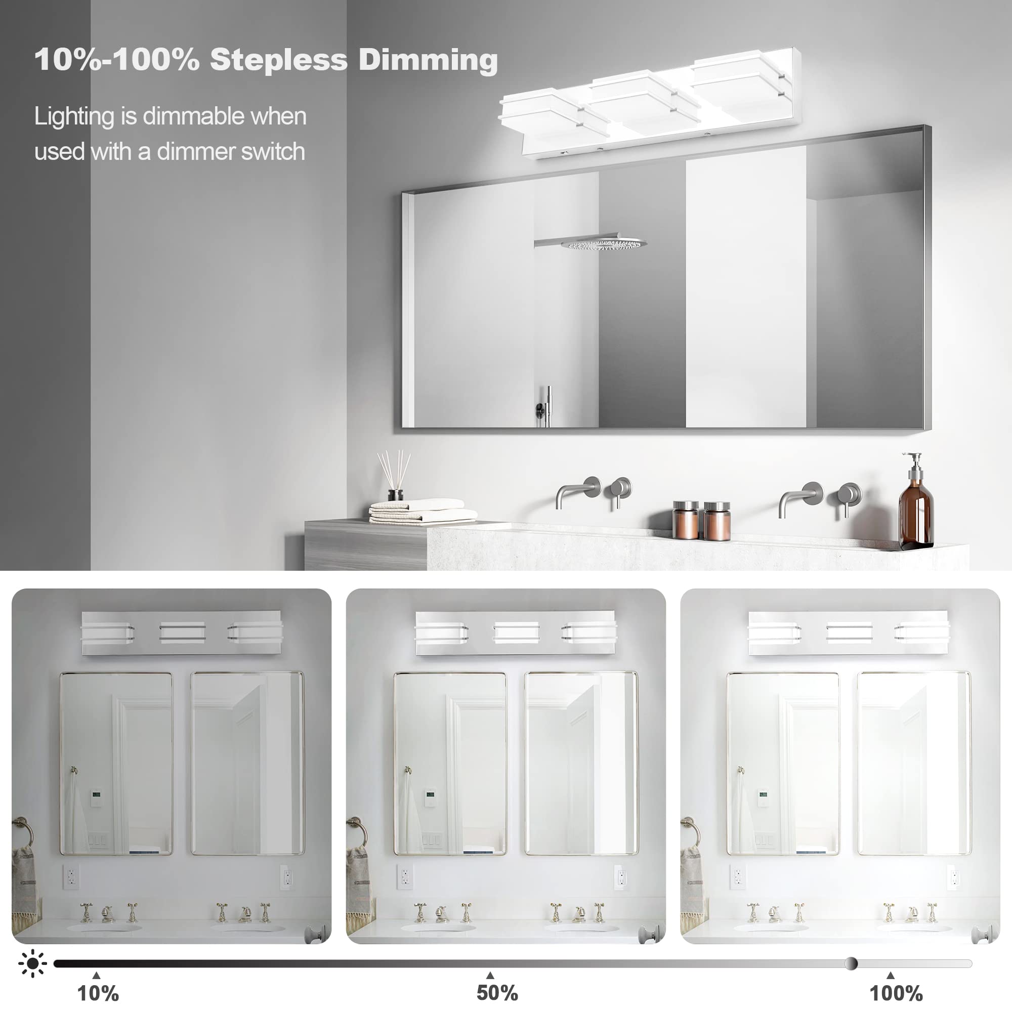 3-Light Dimmable LED Bathroom Vanity Lighting Fixture with Chrome Finish & Acrylic Shade - Adjustable 3000K-6000K Color Temperature - ETL Certified for Bathroom Mirror & Makeup Area