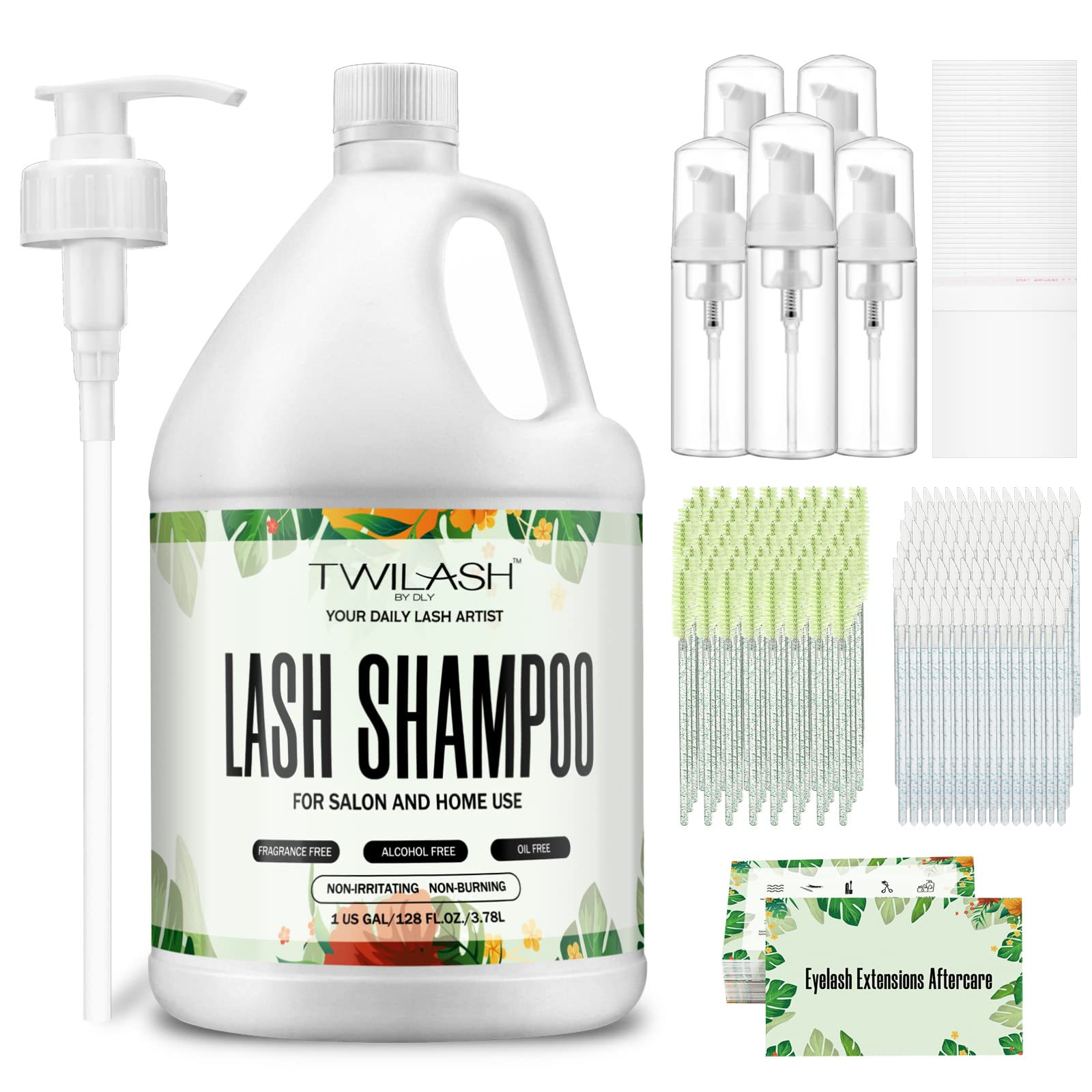 Professional Eyelash Extension Shampoo 1 Gallon (3.8L) Bulk - Includes 50 Aftercare Kits, 5 Foam Pump Bottles & Dispenser Pump - Gentle Eyelid Cleanser for Lash Extensions - Perfect for Salon Professionals & Home Use - Safe for Daily Cleaning & Lash Maintenance