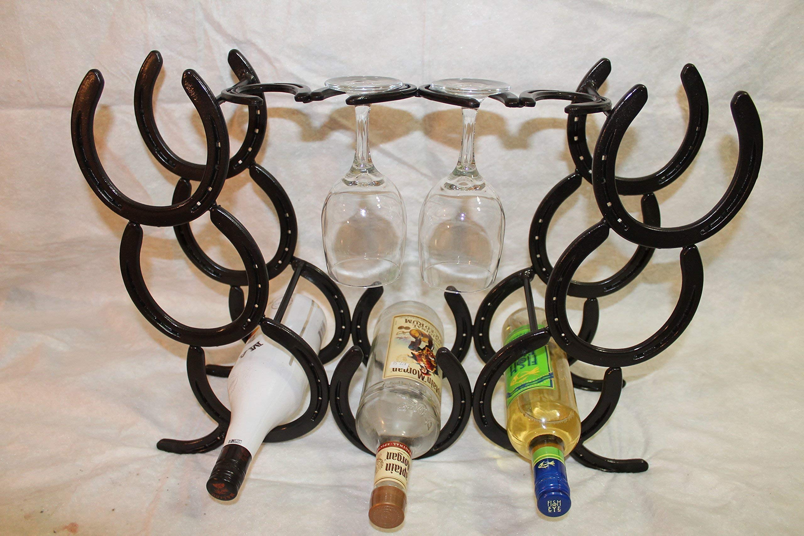 Horseshoe Wine Rack - 7 Bottle & 4 Glass Holder - Rustic Wall Mounted Wine Storage for Kitchen, Bar, or Dining Room Decor