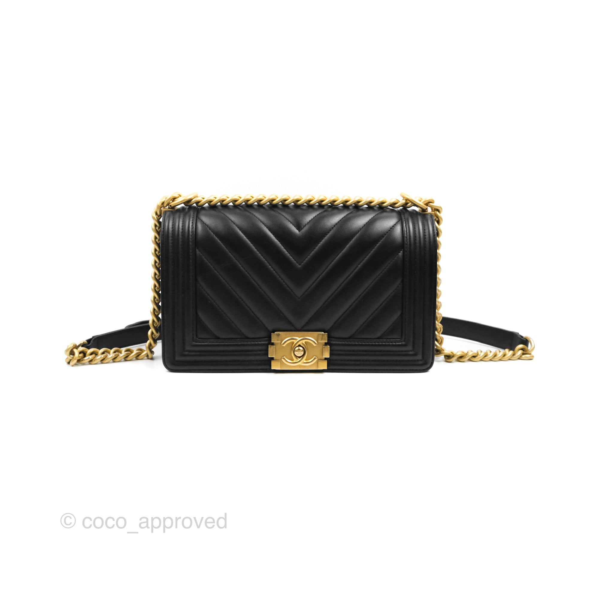 Chanel Chevron Medium Boy Bag in Black Calfskin with Aged Gold Hardware - Luxury Crossbody Purse for Women, Perfect for Evening Events & Date Nights