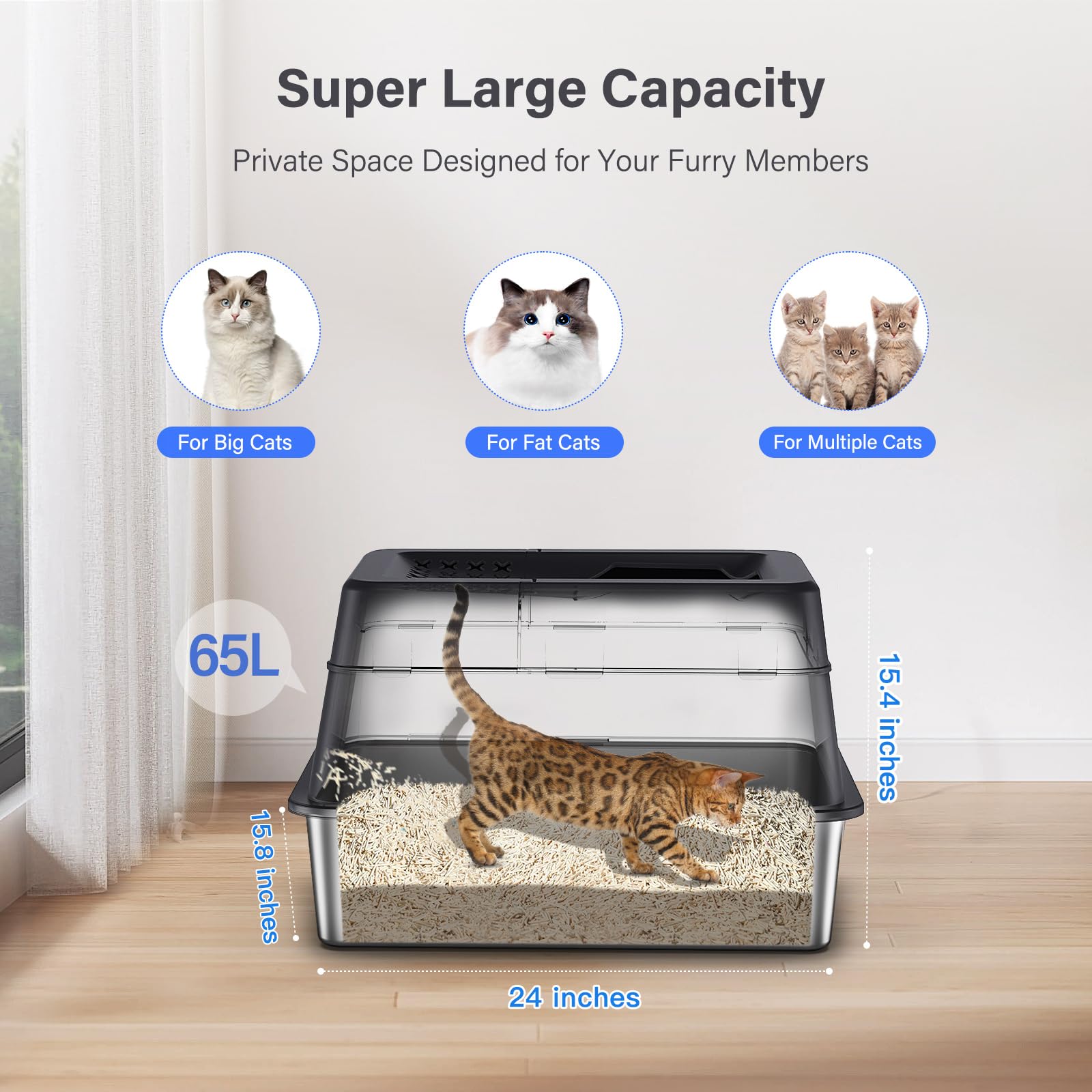 Extra Large Stainless Steel Cat Litter Box with Lid - XL Enclosed High-Sided Litter Pan for Big Cats | 110° Flip Cover, Top Entry Design, Anti-Leak Metal Litter Box Includes Pedal & Scoop (Black) | Perfect for Large Breed Cats, Multi-Cat Homes & Odor Control