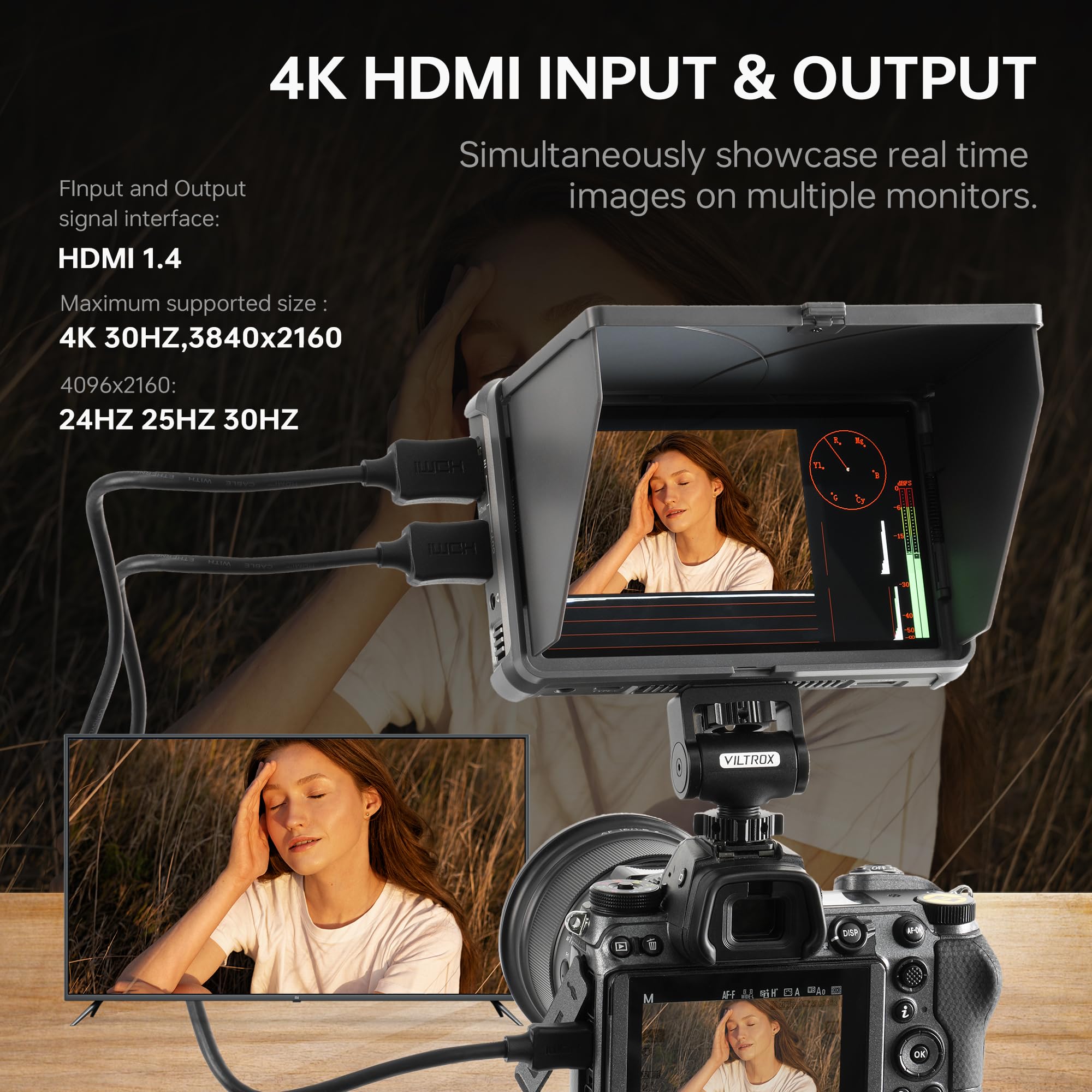VILTROX DC-X2 6 Inch Touchscreen 4K HDMI Camera Field Monitor - 2000 Nits High Brightness, Battery Powered with Sunshade Hood, 3D LUT & Peaking Focus Assist - Professional DSLR Video Monitor for Outdoor Photography & Film Making