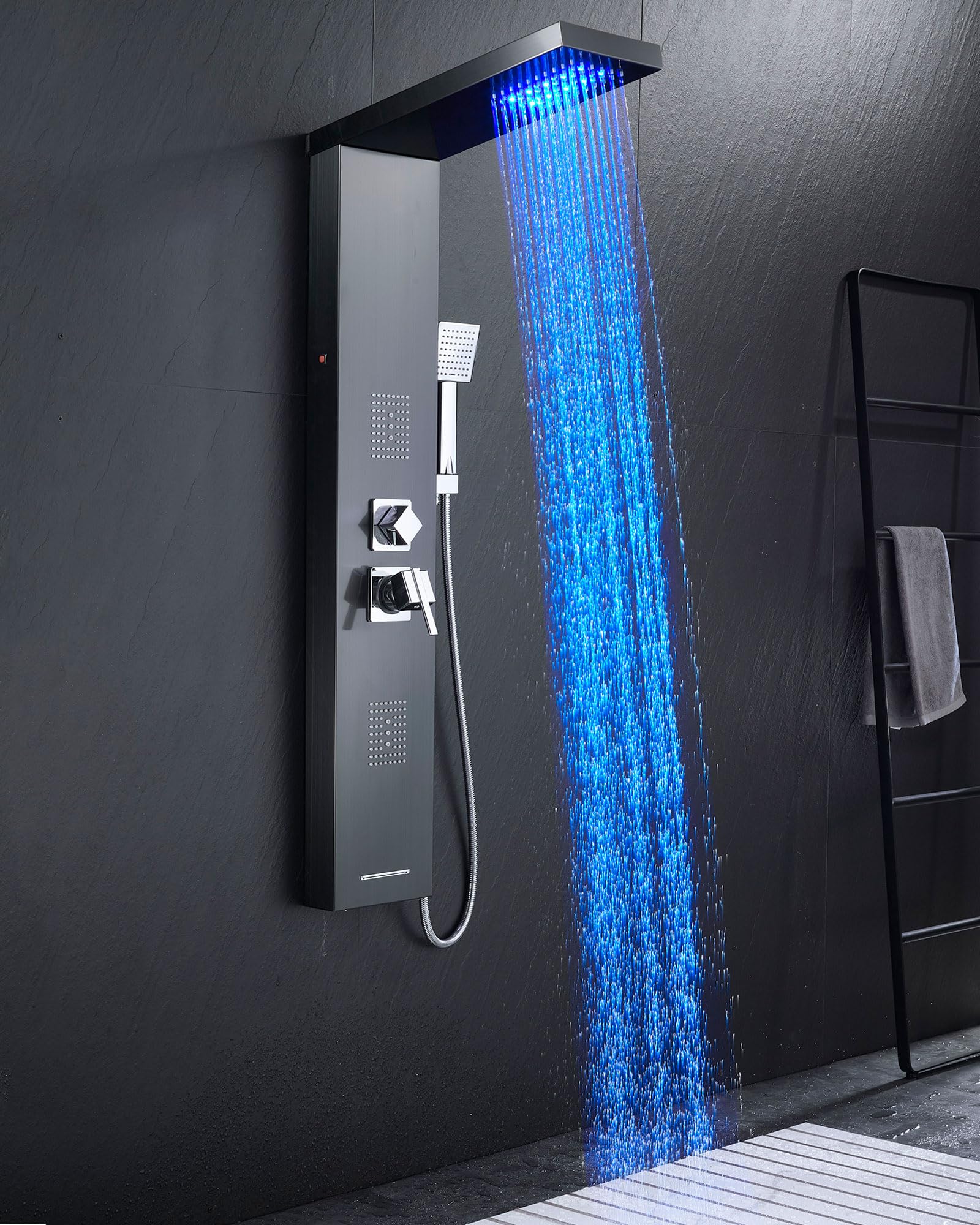 Premium Stainless Steel Shower Tower Panel System with LED Waterfall Shower - 5-in-1 Luxury Shower Panel with Rainfall Shower Head, 2-in-1 Body Jets, Handheld Showerhead & Bathtub Filler (Black) - Perfect for Modern Bathroom Renovation & Spa-Like Shower Experience