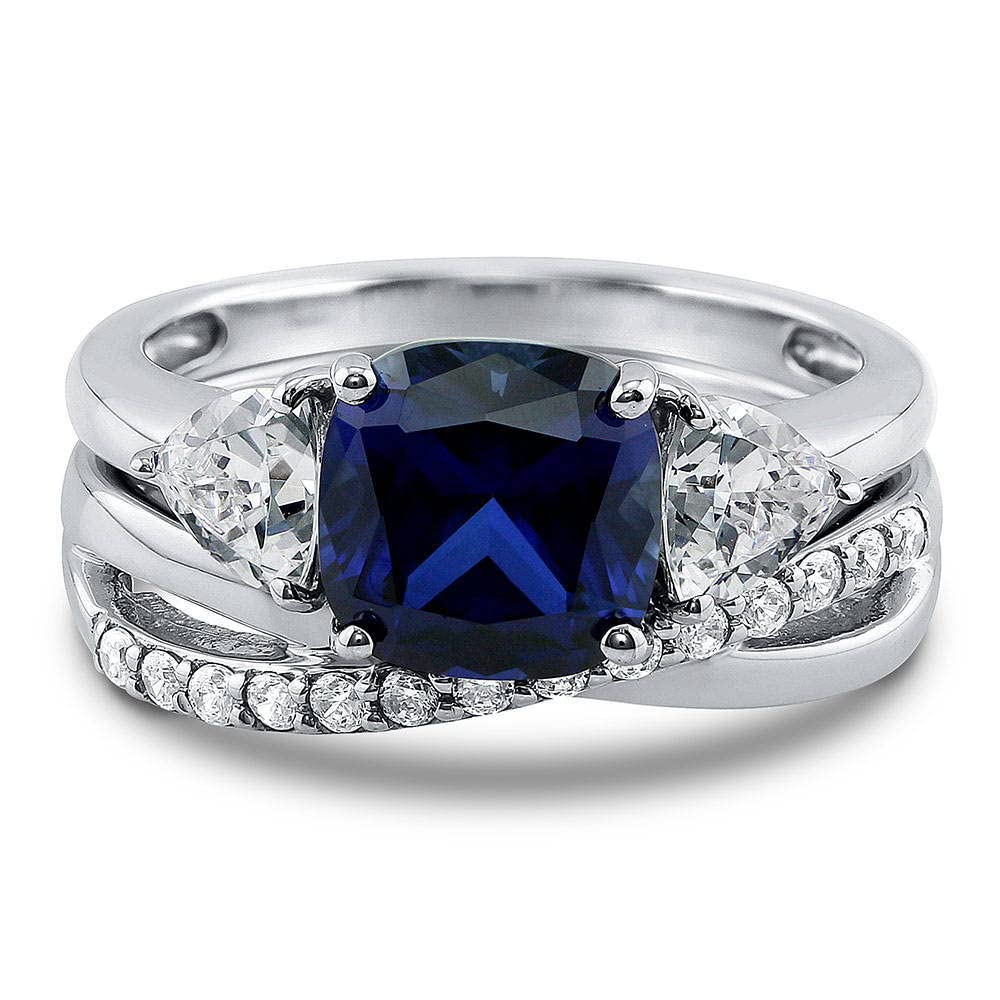 BERRICLE Sterling Silver 3-Stone Wedding & Engagement Ring Set - 3 Carat Simulated Blue Sapphire Cushion Cut Cubic Zirconia CZ Infinity Band for Women, Rhodium Plated Size 4-10 - Perfect for Proposals, Anniversaries & Bridal Jewelry