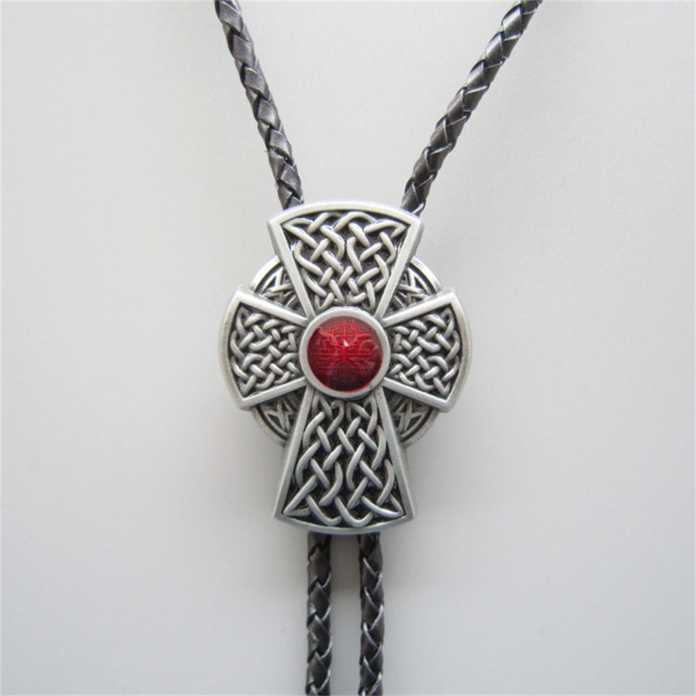 Vintage Celtic Cross Knot Bolo Tie - Red Enamel Men's Western Necklace - Perfect for Cowboy Outfits, Western Fashion & Gift Giving (USA Stock)