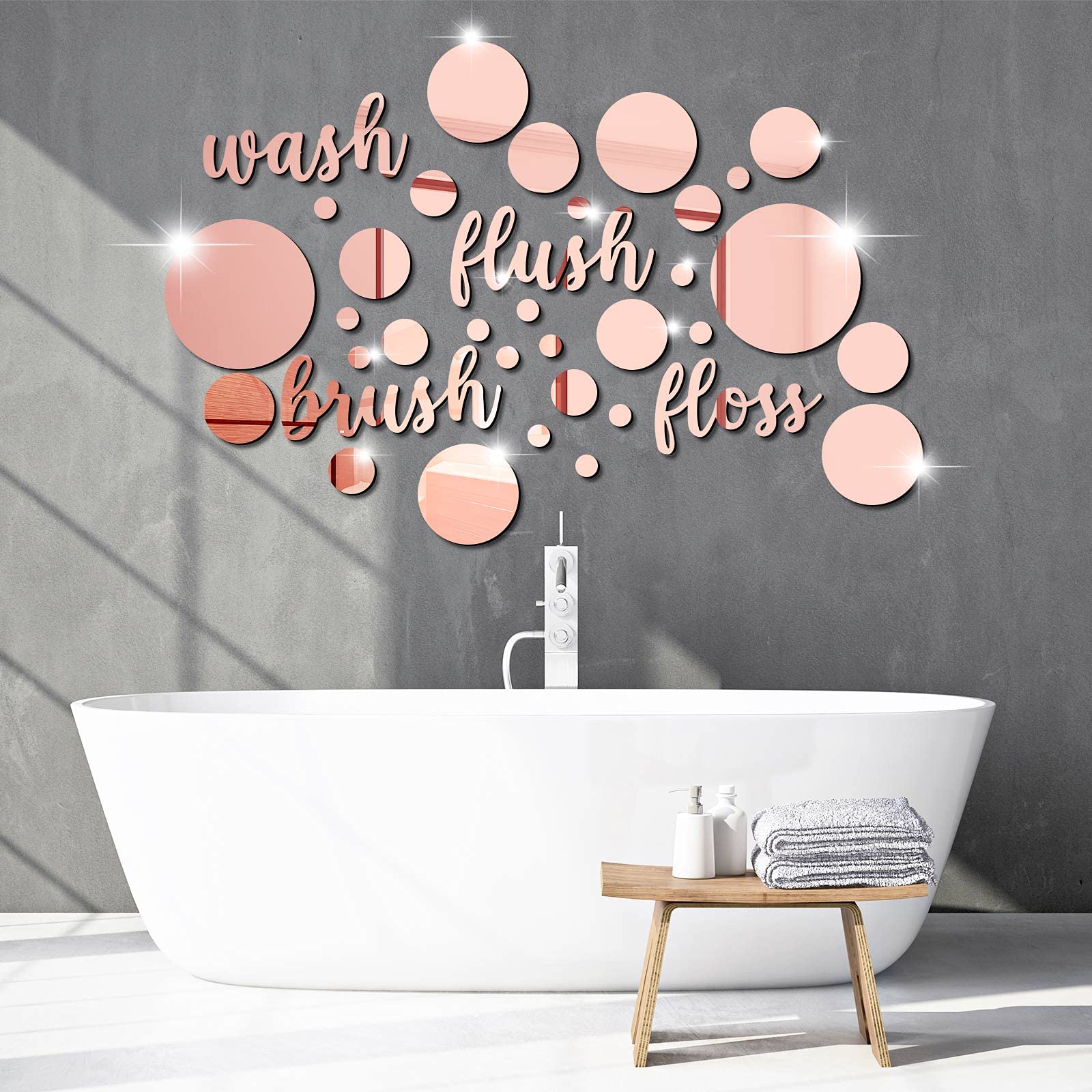 30 Pcs 3D Round Bathroom Wall Decals - Self-Adhesive Acrylic Mirror Stickers for Brush, Wash, Flush & Floss - Beautiful Rose Gold Home Decor for Bedroom & Bathroom - Perfect for DIY Wall Art & Motivational Words Decoration
