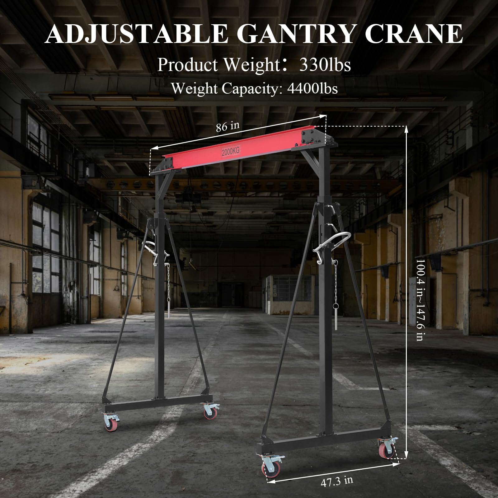 2 Ton Adjustable Gantry Crane - 4400 lbs Capacity Heavy Duty Portable Hoist with 100.4