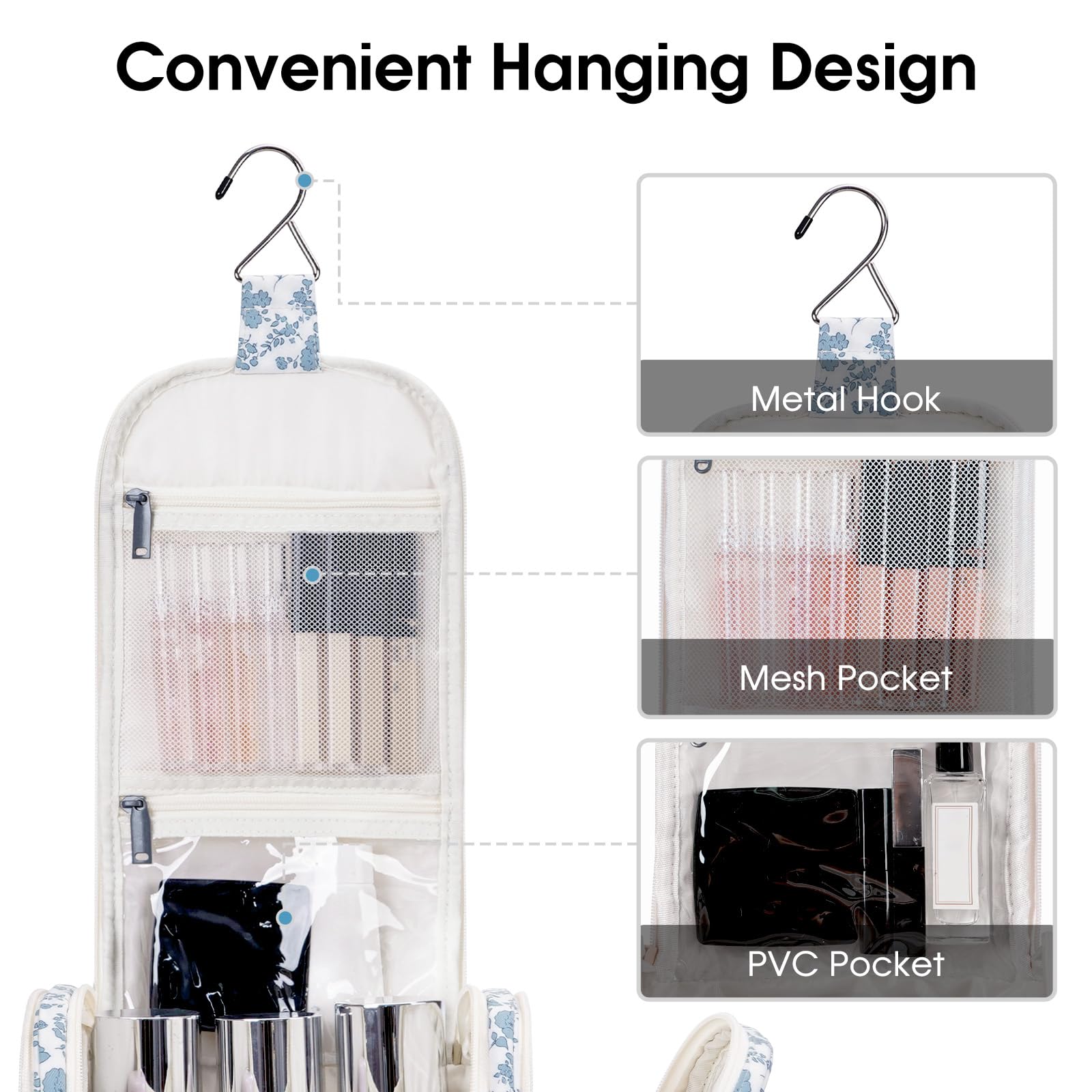 Narwey Hanging Toiletry Bag for Women - Waterproof Travel Makeup Organizer with Multiple Pockets for Cosmetics, Skincare & Essentials - Perfect for Vacation, Gym, Camping & Business Trips
