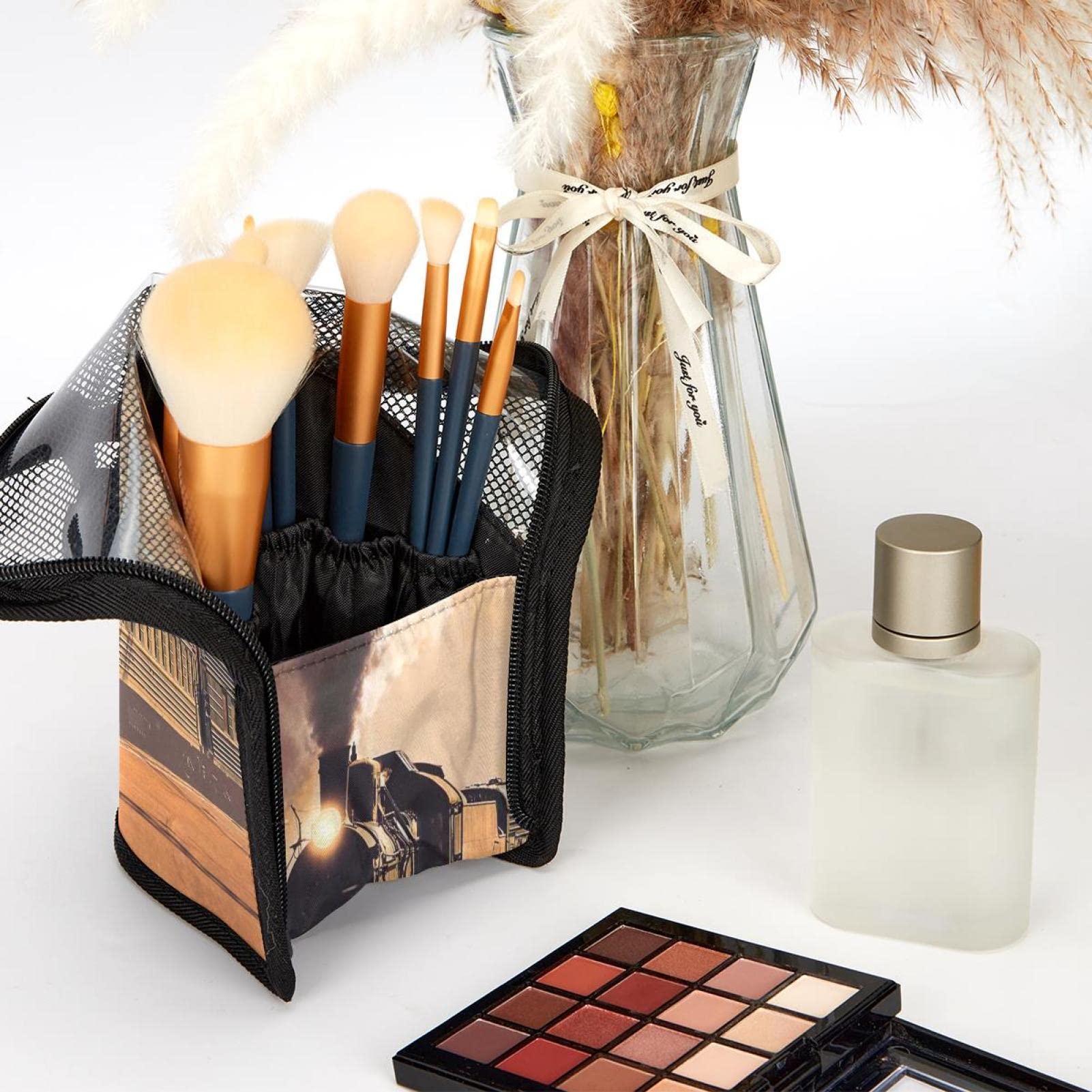12-Piece Makeup Brush Organizer Bag with Portable Holder Case - Perfect for Travel, Home & Professional Makeup Artists | Traditional Steam Train Design
