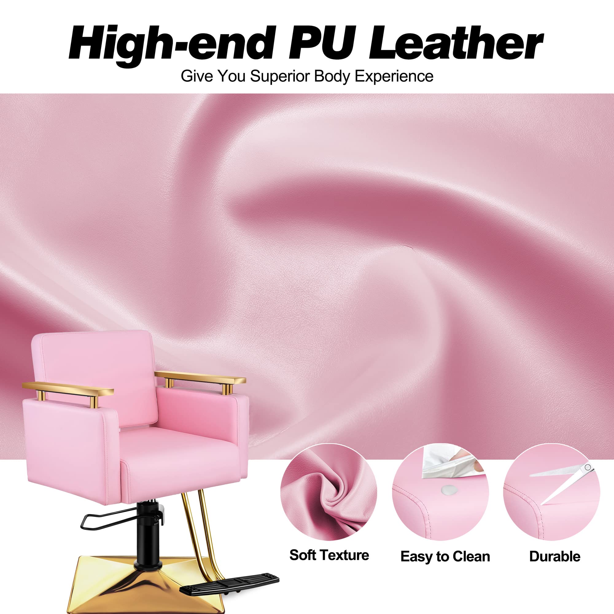 Premium Baasha Salon Chair - Hydraulic Barber Chair with Stainless Steel Armrests, Professional Hair Styling Chair for Salons & Spas, Adjustable Beauty Equipment in Gold & Pink - Perfect for Haircuts, Styling & Spa Treatments
