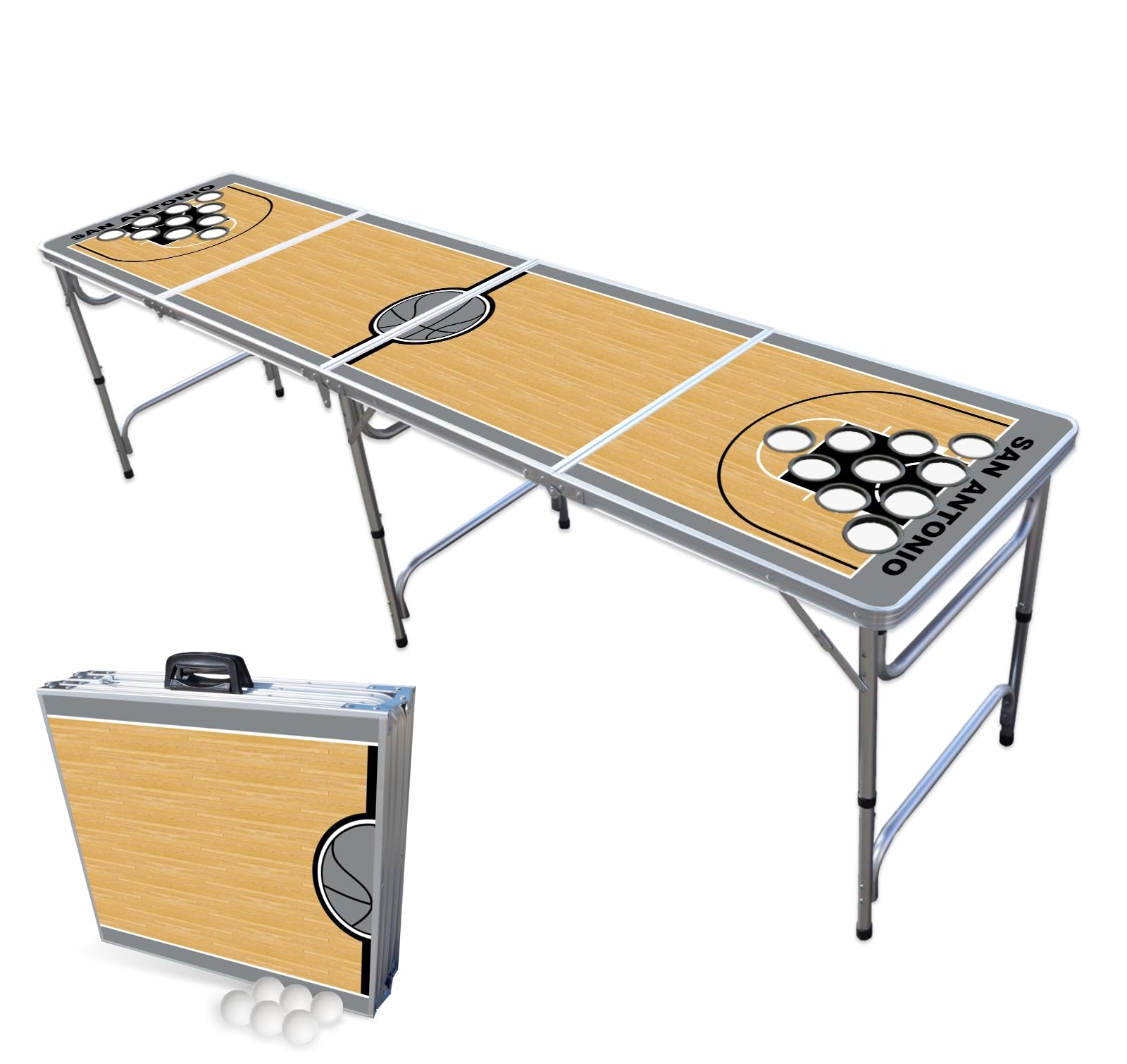 8-Foot Folding Portable Beer Pong Table with Cup Holders & LED Lights - Outdoor Party Game for Backyard, Tailgating & College Events (San Antonio Basketball Court Edition)