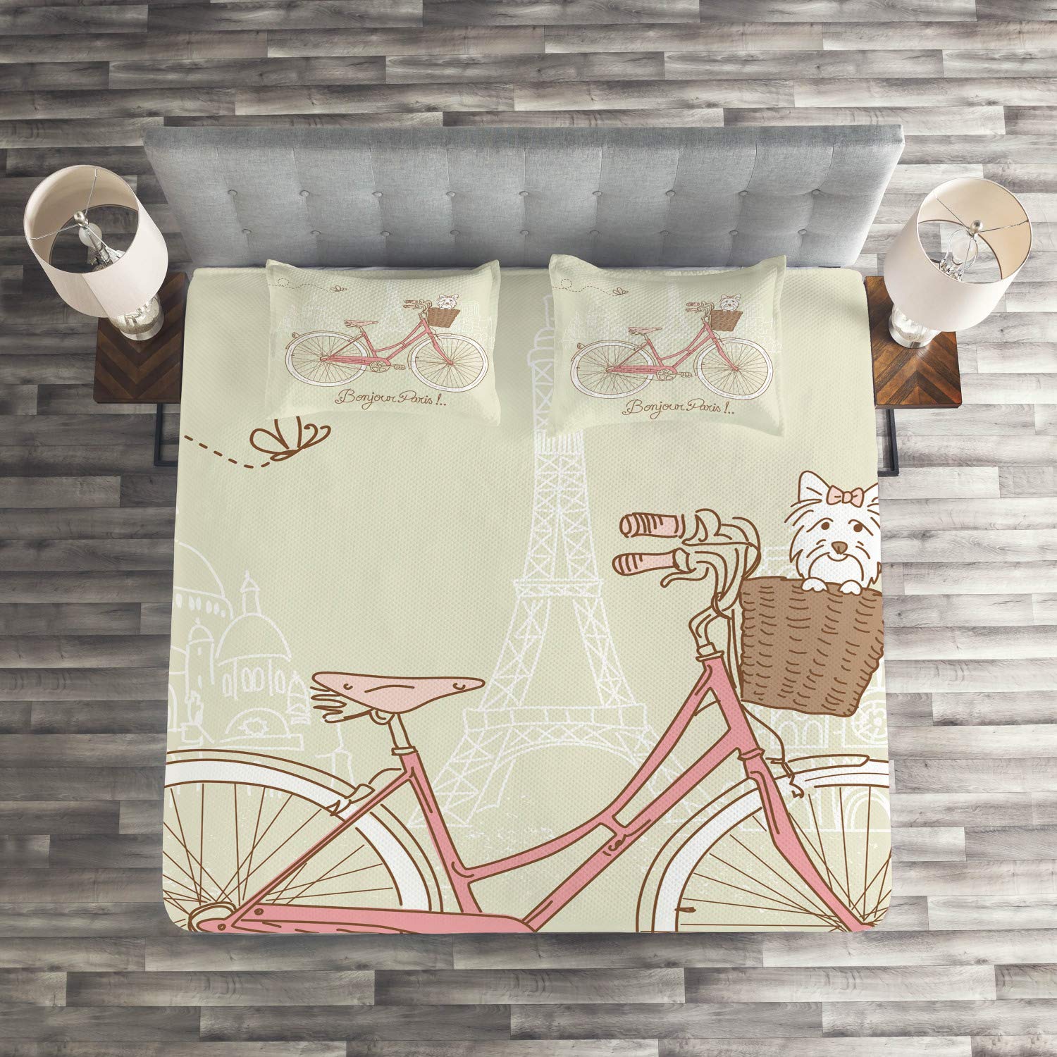 Ambesonne Dog Coverlet Set - Romantic Paris Postcard Design with Dog in Bicycle Basket, 3-Piece Quilted Bedspread & 2 Pillow Shams, King Size in Eggshell & Coral | Perfect for Pet Lovers' Bedroom Decor, Guest Room Styling & Cozy Home Makeover