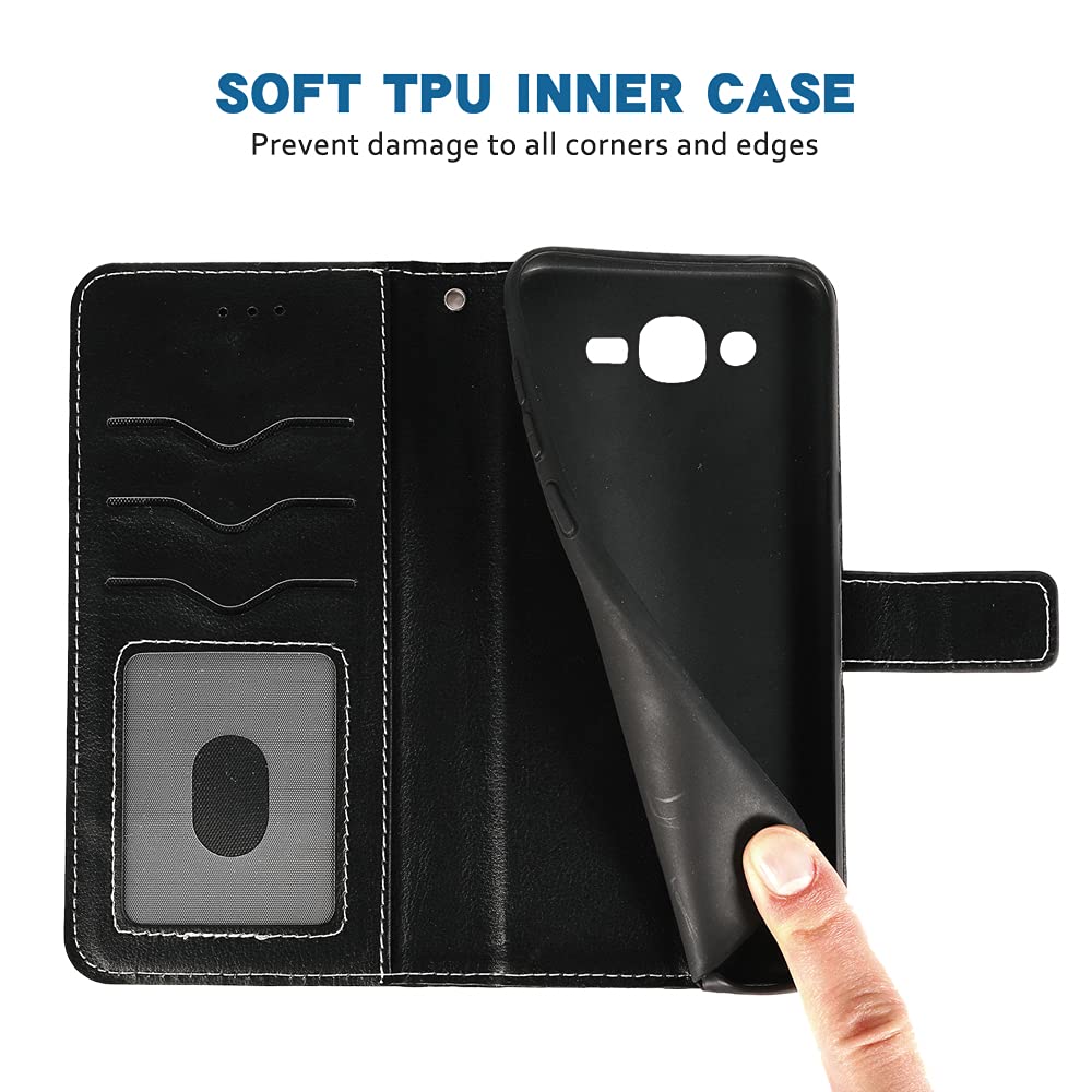 Samsung Galaxy J7 2015 Wallet Case - Leather Flip Cover with Wrist Strap & Card Holder - Compatible with SM-J700/J700F/J700H (Black) | Perfect for Everyday Use, Travel, and Hands-Free Convenience
