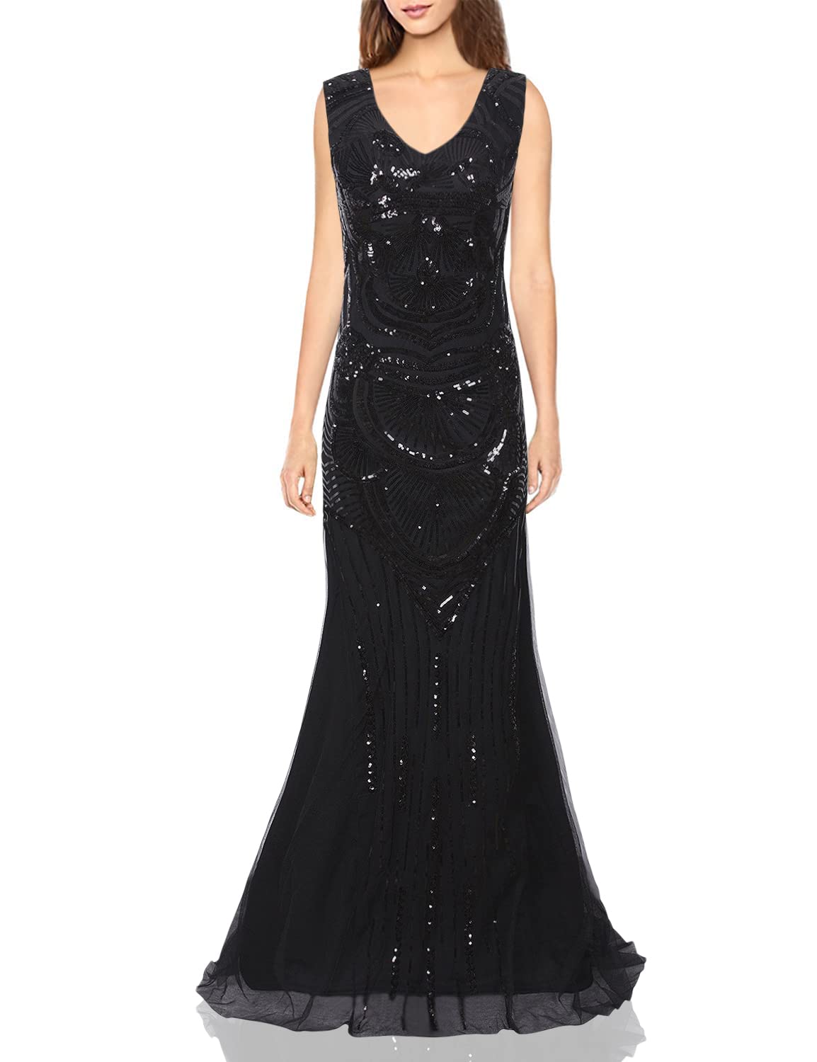Vijiv 1920s Long Maxi Prom Gowns Sequin Mermaid Bridesmaid Formal Evening Dress - Vintage Inspired Flapper Dress for Wedding, Party & Special Occasions