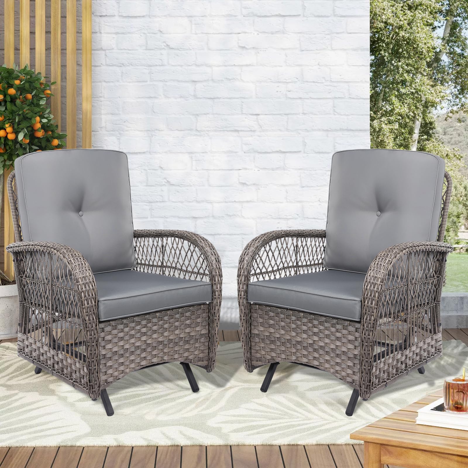 VIVIJASON 2-Piece Outdoor Wicker Glider Rocking Chair Set with Cushions - All-Weather Patio Rattan Swing Glider Chairs with Sturdy Steel Frame - Perfect for Garden, Backyard, Porch & Poolside Relaxation (Grey)