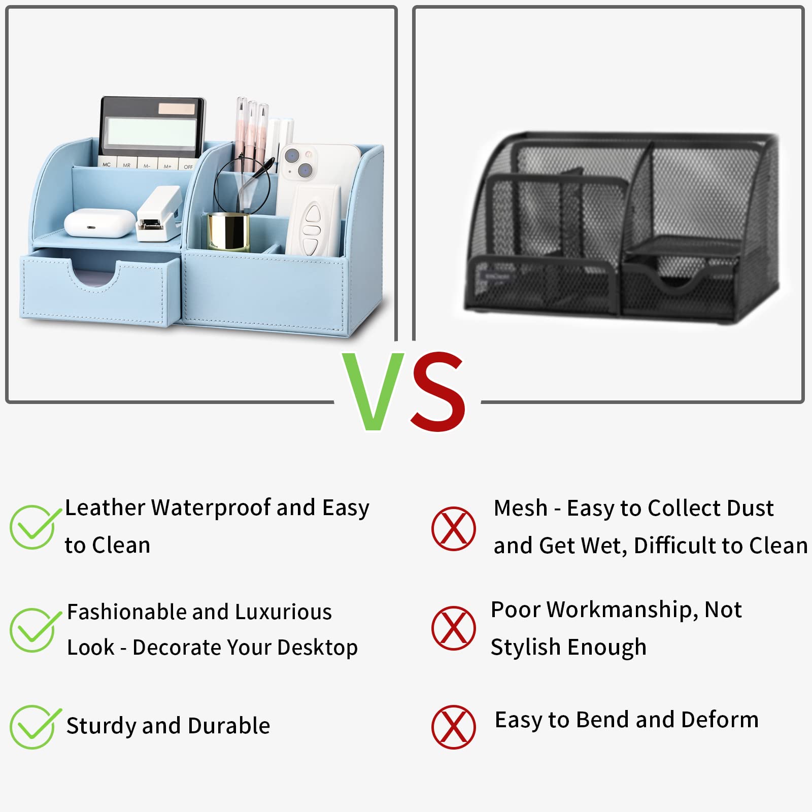 Premium PU Leather Desk Organizer - 6 Compartment Pen & Pencil Holder with Drawer - Office Supplies Storage Box for Home & Office (Blue) - Perfect for Desk Organization, School Supplies & Workspace Accessories