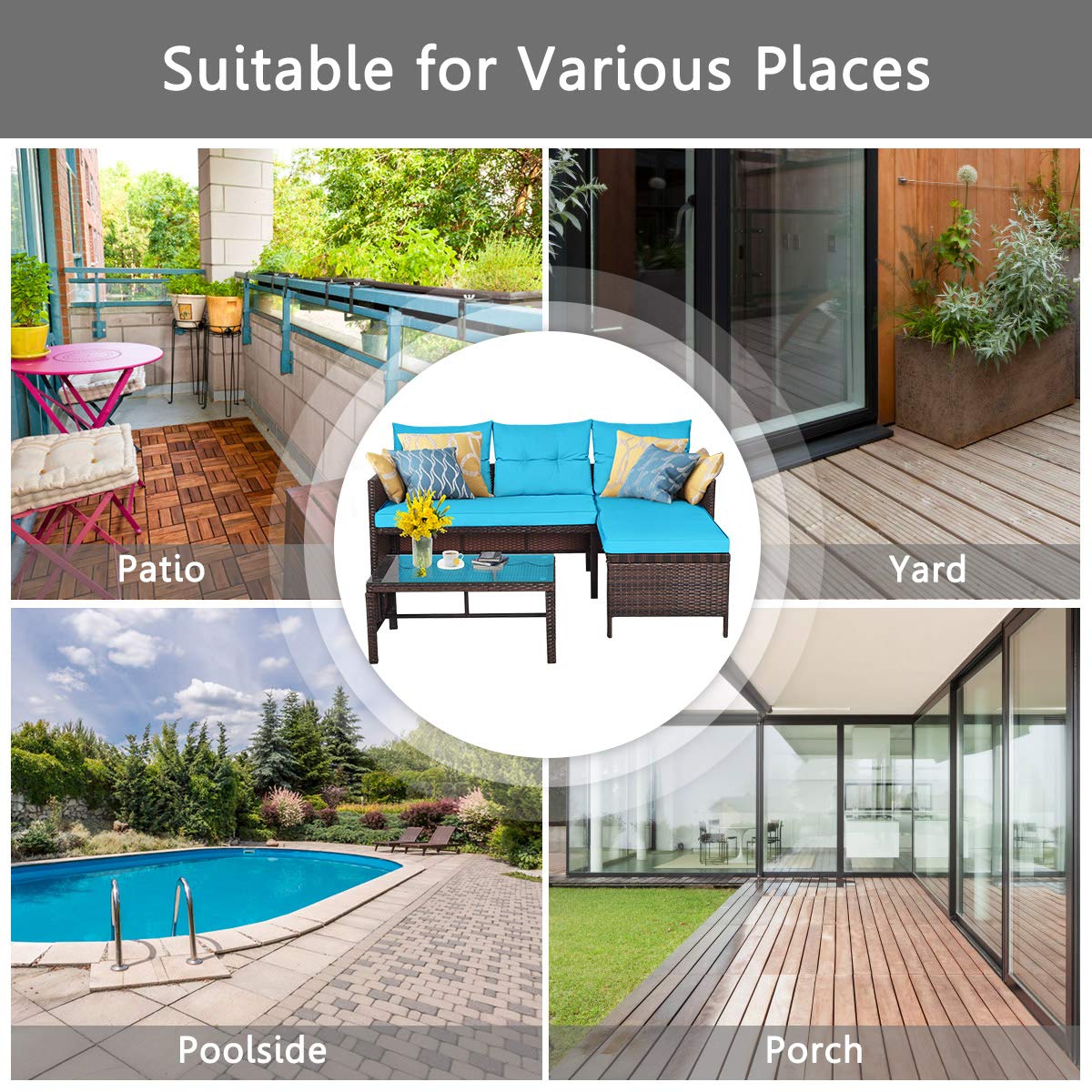All-Weather Moccha Patio Furniture Set - 5-Piece Outdoor Sectional Sofa with Lounge Chaise, Loveseat & Coffee Table - Durable Rattan Wicker Couch with Washable Cushions - Turquoise Garden, Backyard, Lawn & Poolside Furniture for Relaxation