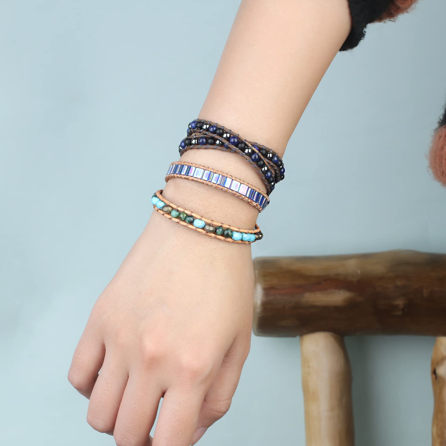 KELITCH Hand-Braided Leather & Beaded Wrap Bracelet Set for Women - Stackable Boho Jewelry for Everyday Wear, Gift Giving & Special Occasions