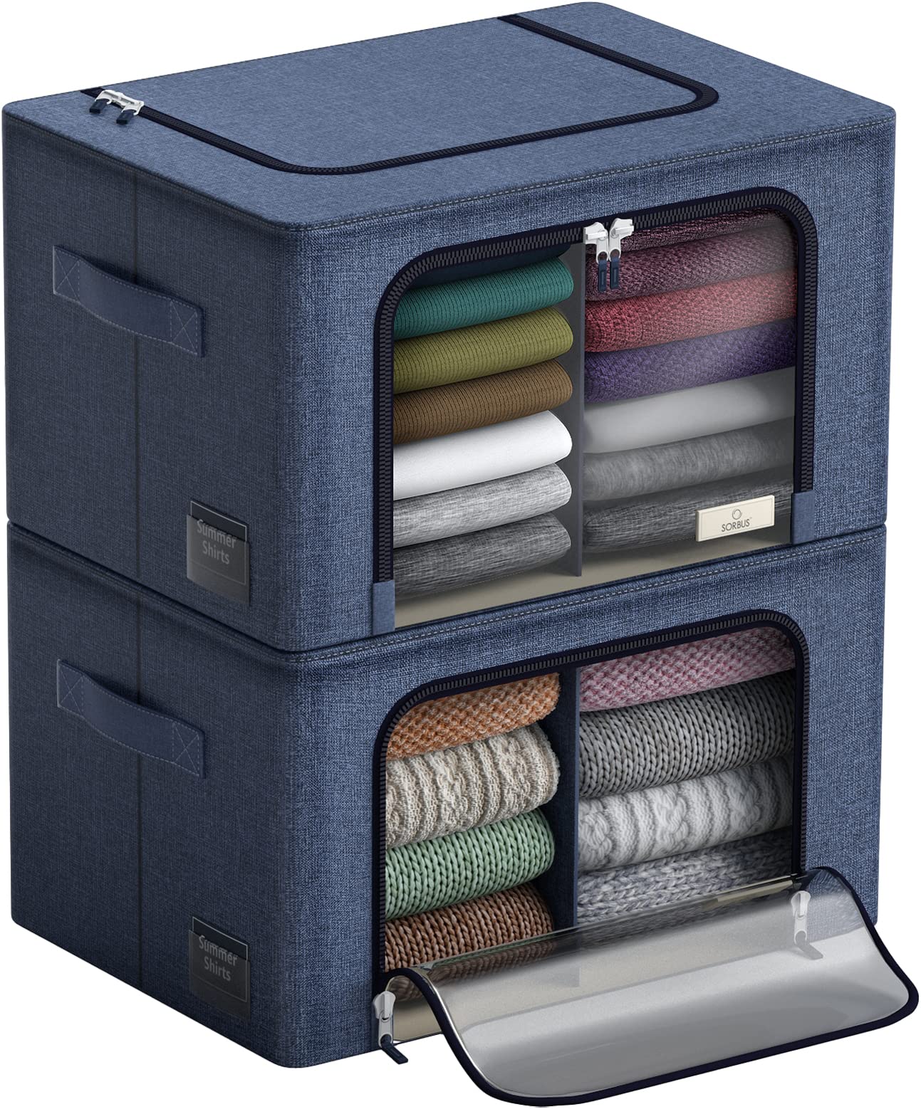 Sorbus Storage Bins with Divided Interior - Large Stackable & Foldable Organizer Containers with Metal Frame, Oxford Fabric, Clear Window & Carry Handles - Perfect for Bedroom, Closet, Linen & Clothing Storage - Ideal for Home, Office & Travel Organization