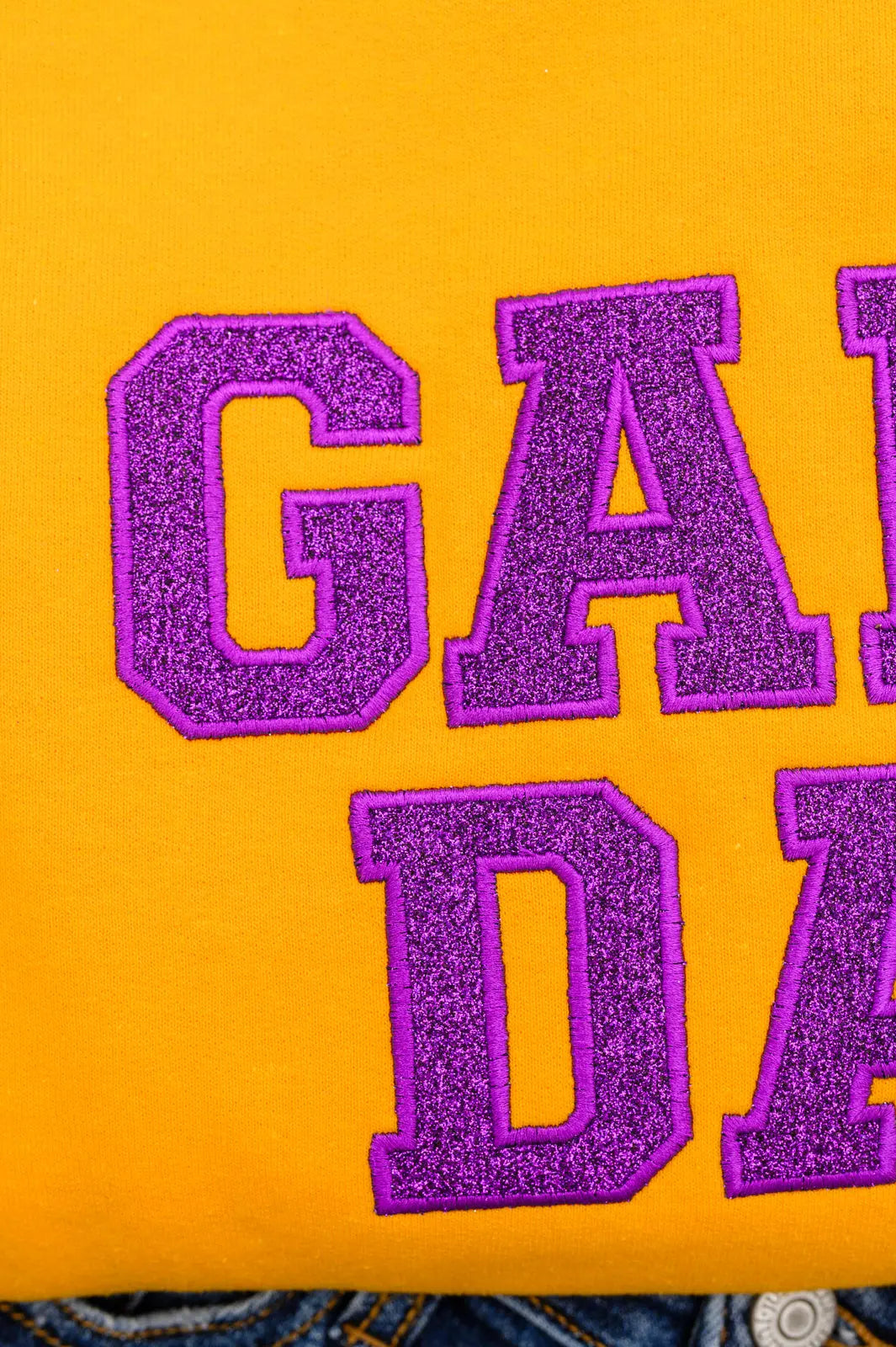 PREORDER: Embroidered Glitter Game Day Sweatshirt - Gold & Purple Team Colors | Perfect for Football Tailgates, College Parties & Sports Fan Apparel