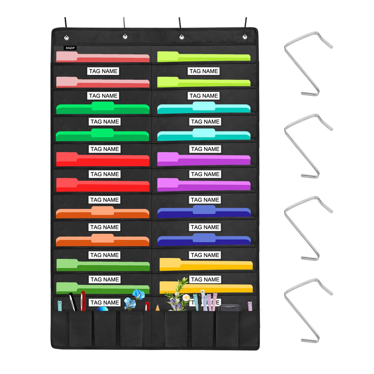 Heavy Duty 20-Pocket Hanging File Organizer with Name Tag Holders - Black Wall Storage Pocket Chart with 4 Hangers - Perfect for Classroom, School, Home & Office Organization (20-Pocket) | Ideal for Teacher Supplies, Student Work Display, Document Storage & Home Office Filing