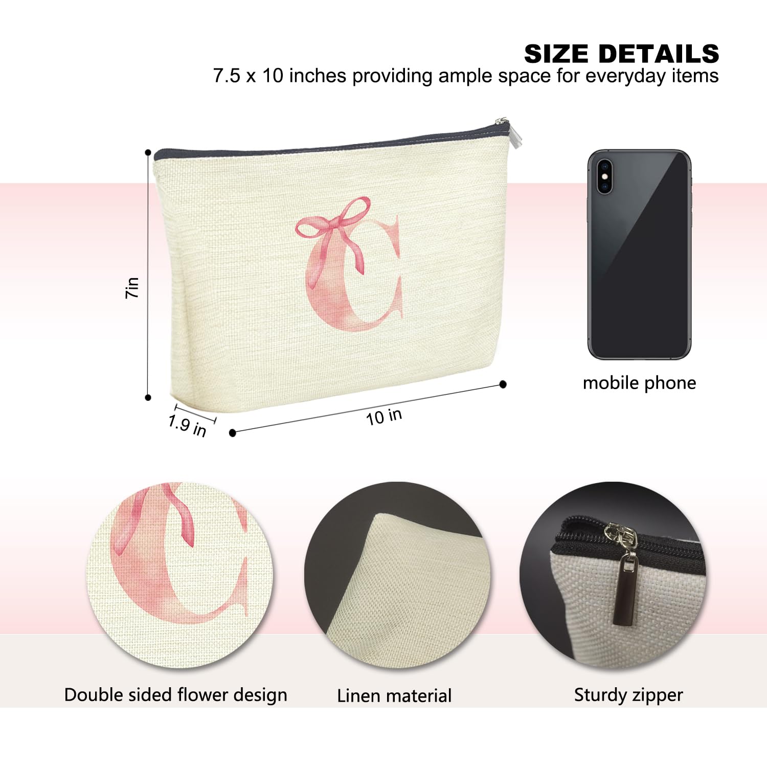 Personalized Monogram Makeup Bag Letter C - Pink Bow Cosmetic Pouch for Women, Aesthetic Preppy Makeup Case, Coquette Girly Travel Organizer | Perfect for Travel, Gym, School & Daily Essentials Storage