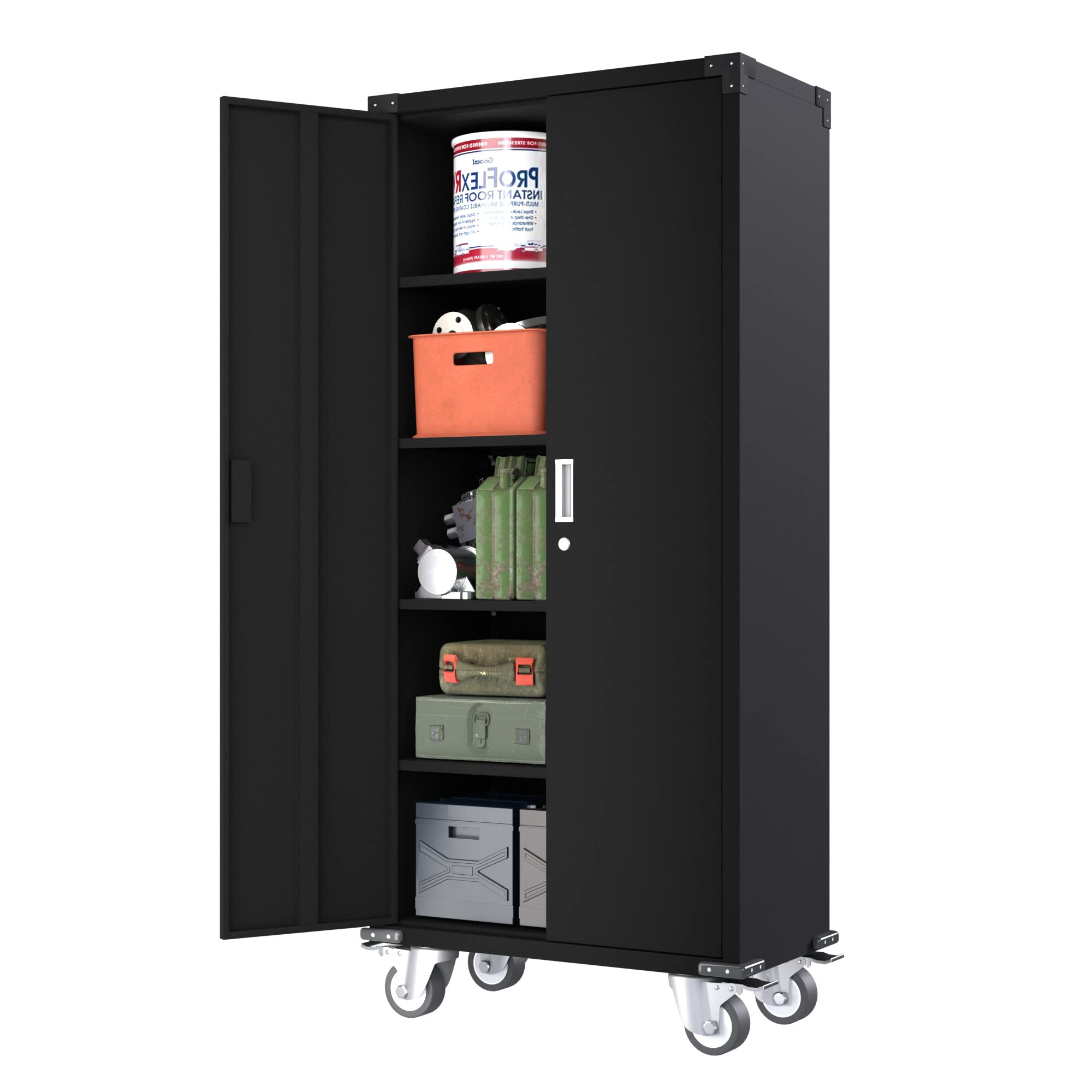 AOBABO 72 Inch Heavy Duty Metal Garage Storage Cabinet with Wheels - Lockable Rolling Steel Utility Cabinet with 2 Doors & 4 Adjustable Shelves - Perfect for Home, Office, Garage Organization - Easy Assembly Required - Black