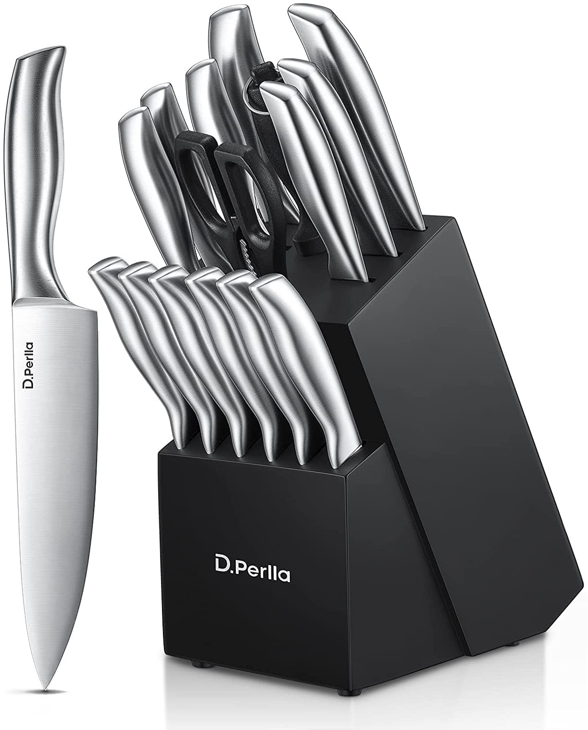 Premium 16-Piece Stainless Steel Kitchen Knife Set with Wooden Block - Razor Sharp Chef Knives, Steak Knives, Shears & Sharpener - Durable Rust-Free Cutlery for Professional Cooking & Home Kitchen Use