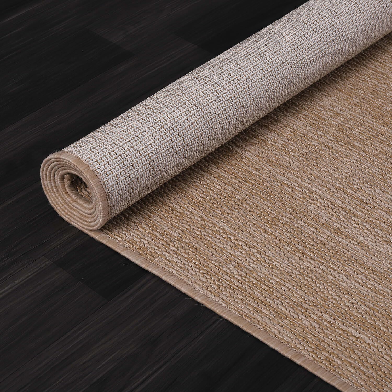Beverly Indoor Outdoor Rug 6x9 - Washable Water Resistant Jute Beige Area Rug for Patio, Deck, Porch - Modern Solid Design for Home, Garden & Backyard Decor