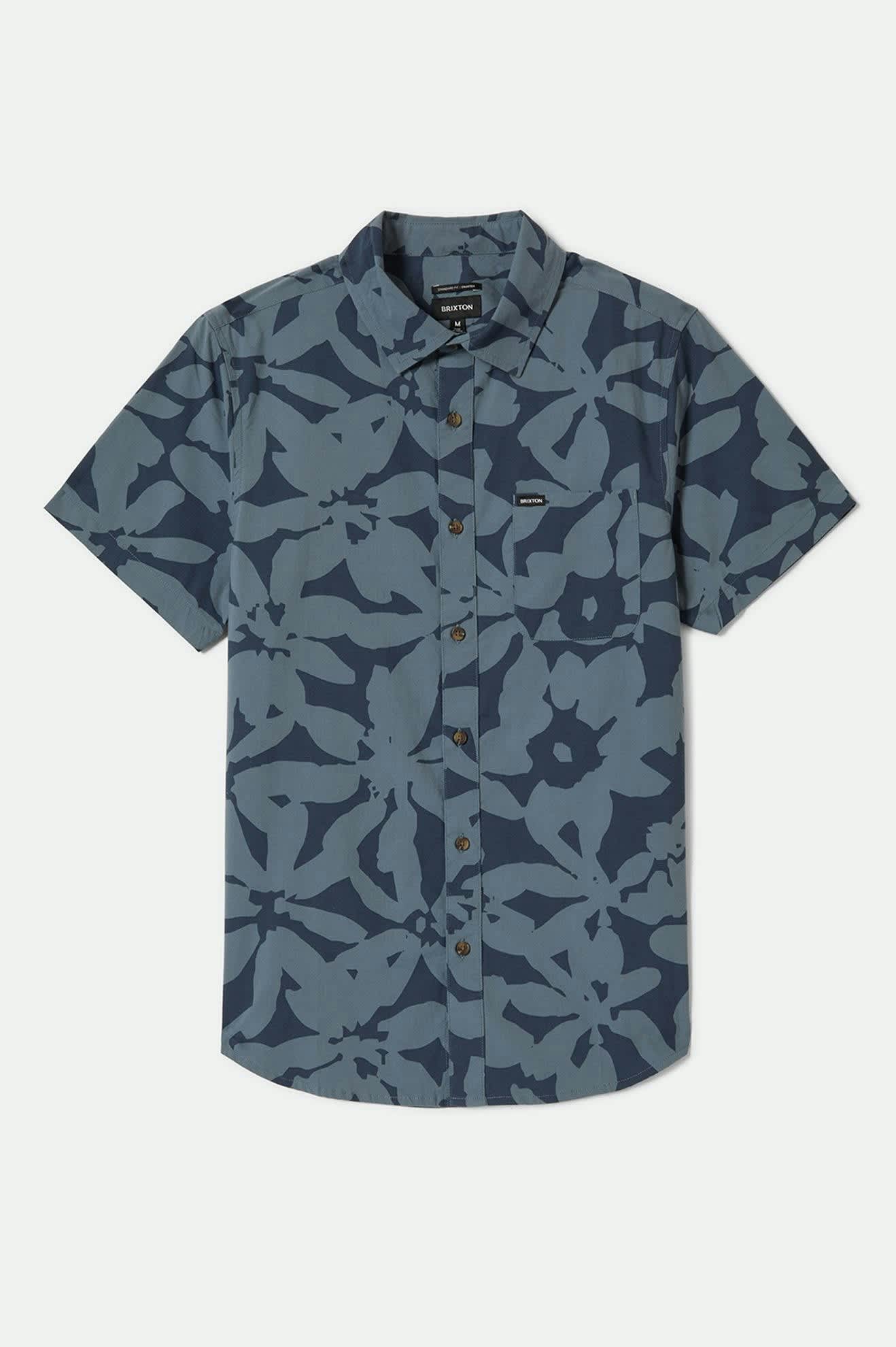 Floral Print Short Sleeve Shirt for Men - Washed Navy & Azure Blue - Casual Summer Wear, Beach Outfit, and Outdoor Activities