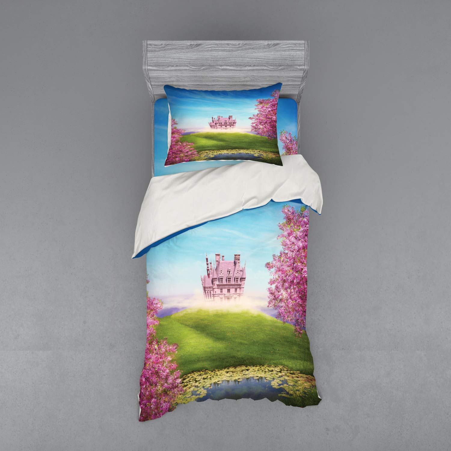 Ambesonne Cartoon Duvet Cover Set - Cheery Blooms & Greenland Nature Romance 3-Piece Bedding Set with Sham & Fitted Sheet, Twin XL, Green Pink Blue - Perfect for Kids' Rooms, Guest Bedrooms & Cozy Home Decor