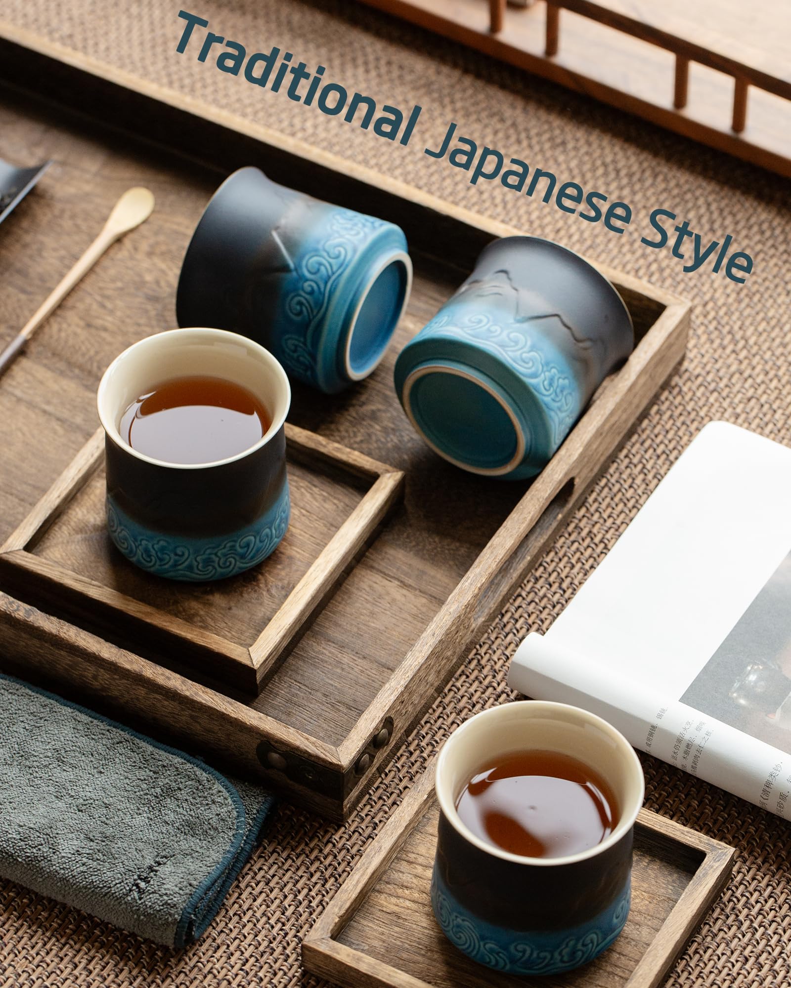 Premium Japanese Tea Cups Set of 4 - 8oz Handcrafted Ceramic Tea Cups for Matcha, Loose Leaf Tea or Herbal Tea - Traditional Asian Style Navy Blue Tea Cups Without Handles - Perfect for Tea Ceremonies, Zen Meditation or Gift Giving