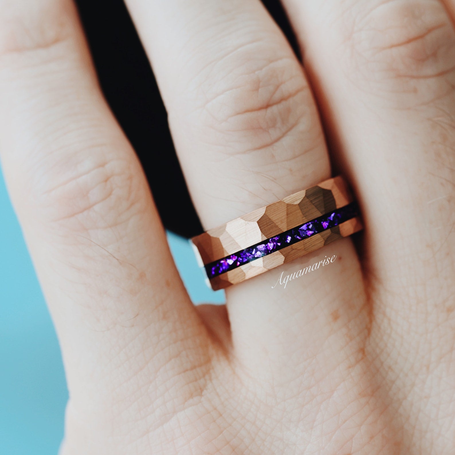 8MM Rose Gold Tungsten Crushed Amethyst Wedding Band for Men & Women - Elegant Gemstone Ring for Engagement, Anniversary & Special Occasions