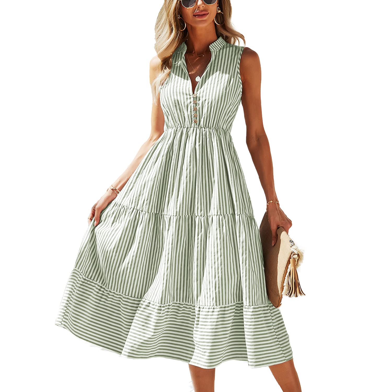 BROVAVE Women's 2025 Summer Sleeveless Striped V-Neck Collar Shirt Dress - Casual Midi Dress for Beach, Office & Everyday Wear