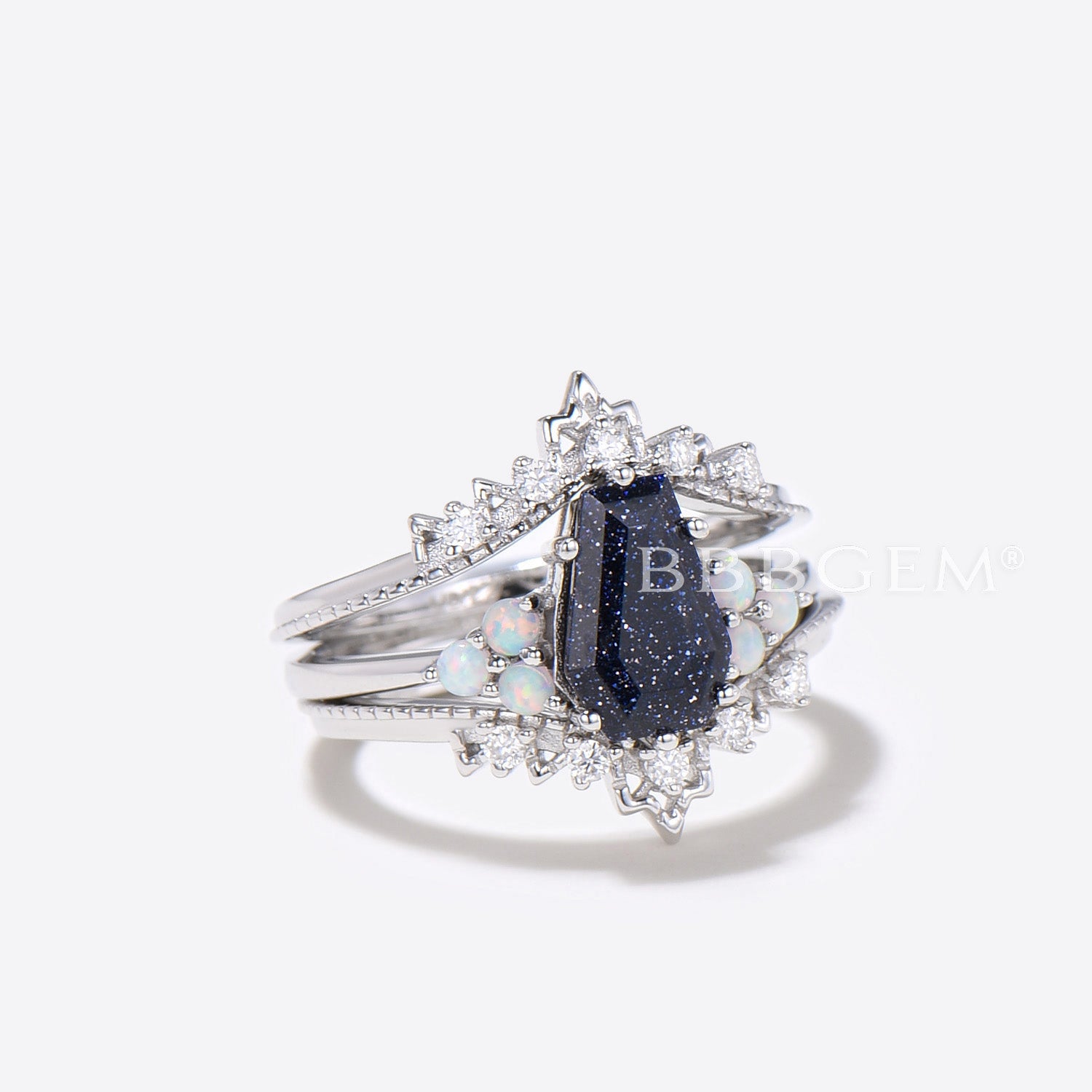 3pcs Blue Sandstone Coffin Engagement Ring - Silver Galaxy Nebula Wedding Band for Women, Perfect for Proposals, Anniversaries & Special Occasions